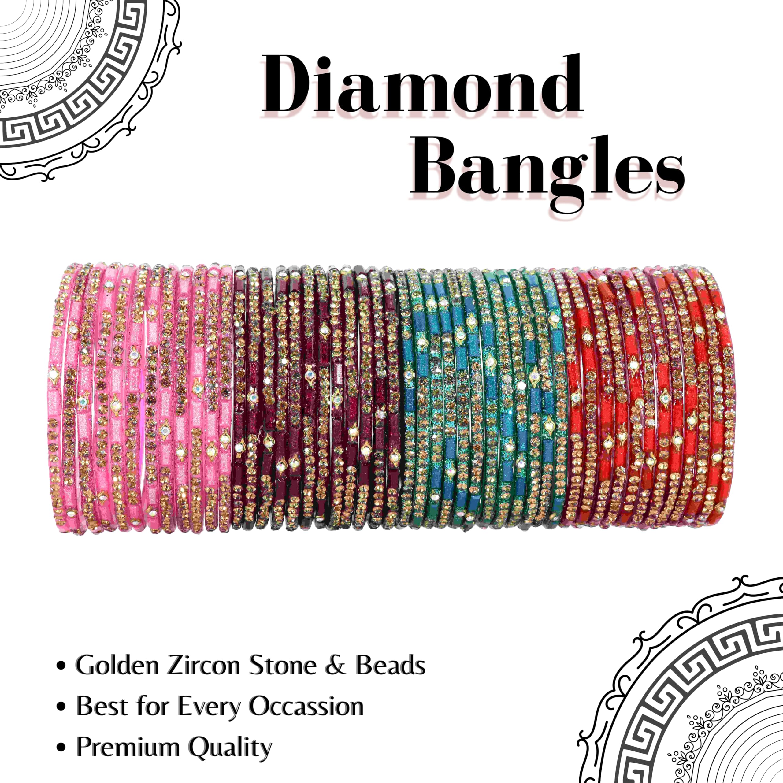 Glass Bangles Combo Set with Zircon Stone for Wedding & Party