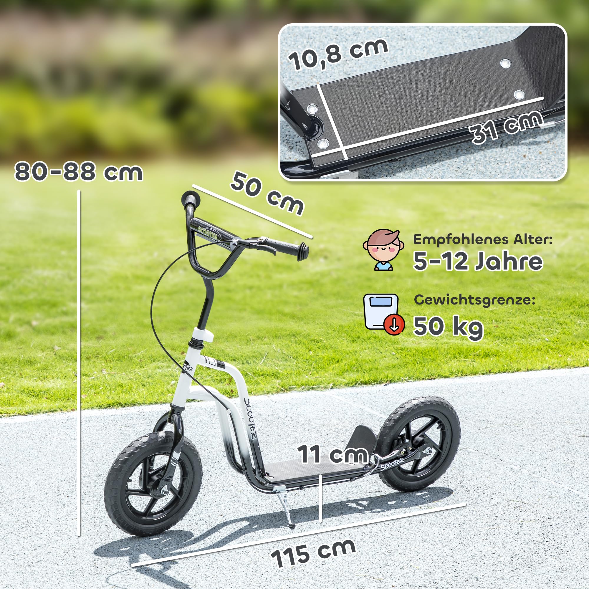 AIYAPLAY Kinderroller Scooter Tretroller Kickscooter mit verstellbarem Lenker, großen Rädern und Handbremse 12 Zoll Cityroller für 5-12 Jahren Jungen und Mädchen