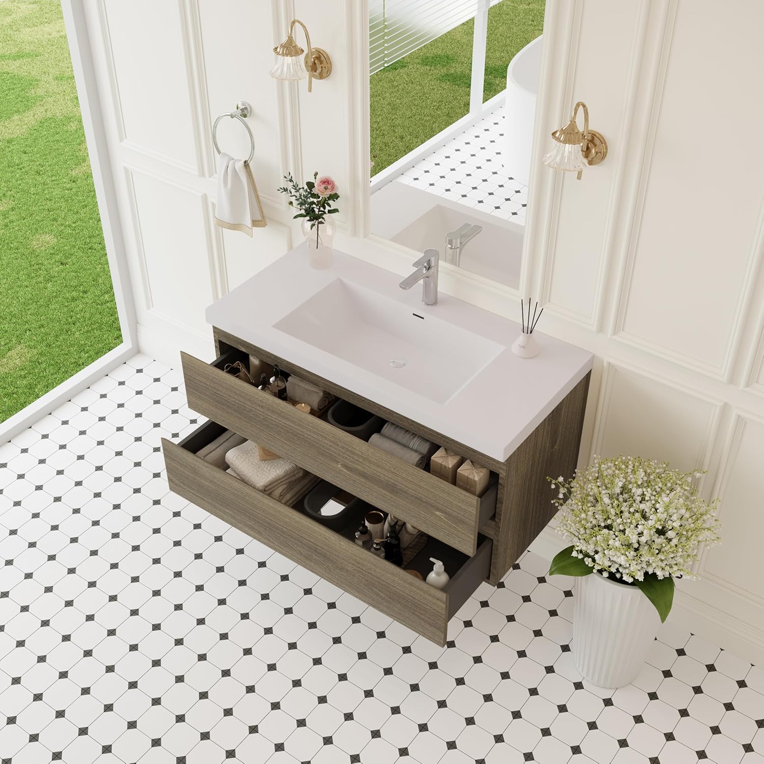 42" Floating Bathroom Vanity with Sink, Two Drawer Storage Cabinet, Modern Wall Mounted Bathroom Storage Vanity Cabinet, with Resin Basin and Soft Close Drawers (Grey, 42in)
