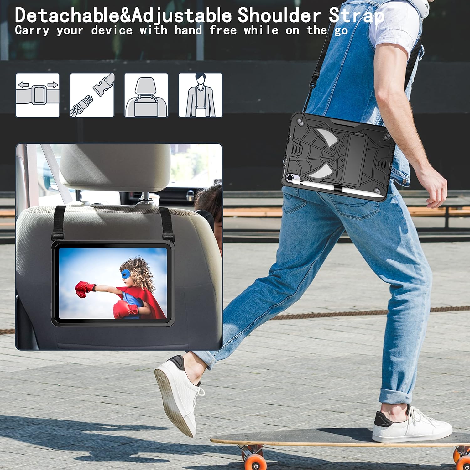 Dteck for iPad mini (A17 Pro), Mini 6 (6th Gen) 8.3" Kid-Friendly Shockproof Case with Kickstand/Pencil Holder/Shoulder Strap, 3 Layers Drop Proof Protective Cute Spider Rugged Tablet Cover, Black