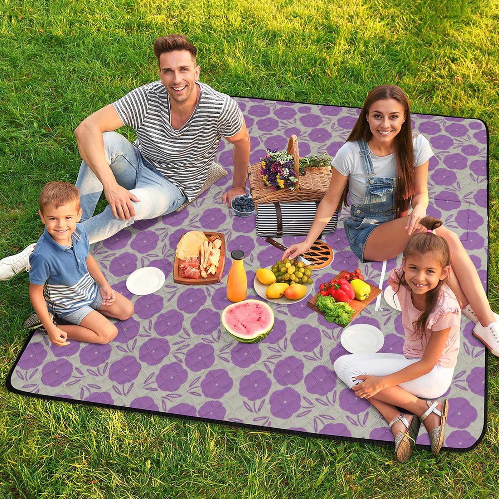 3D Impression Fleurs-White-Repeat-Purple Couverture Pique Nique Tapis Pique Nique Nappe Picnic Couverture De Pique-Nique pour Le Voyage, Le Camping, Les Vacances, Etc 200x200cm