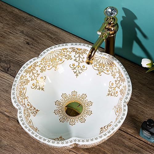 Miniatura 8 de Jingdezhen - Fregaderos de baño de oro blanco de 16 pulgadas de ancho, cuenco redondo de cerámica tallada a mano, 1 fregadero solamente