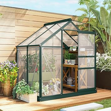 Outsunny 6' x 4' Polycarbonate Greenhouse with Rain Gutter, Dark Green | Aluminum Walk-in Green House, Push Door, for Outside Patio Backyard Garden