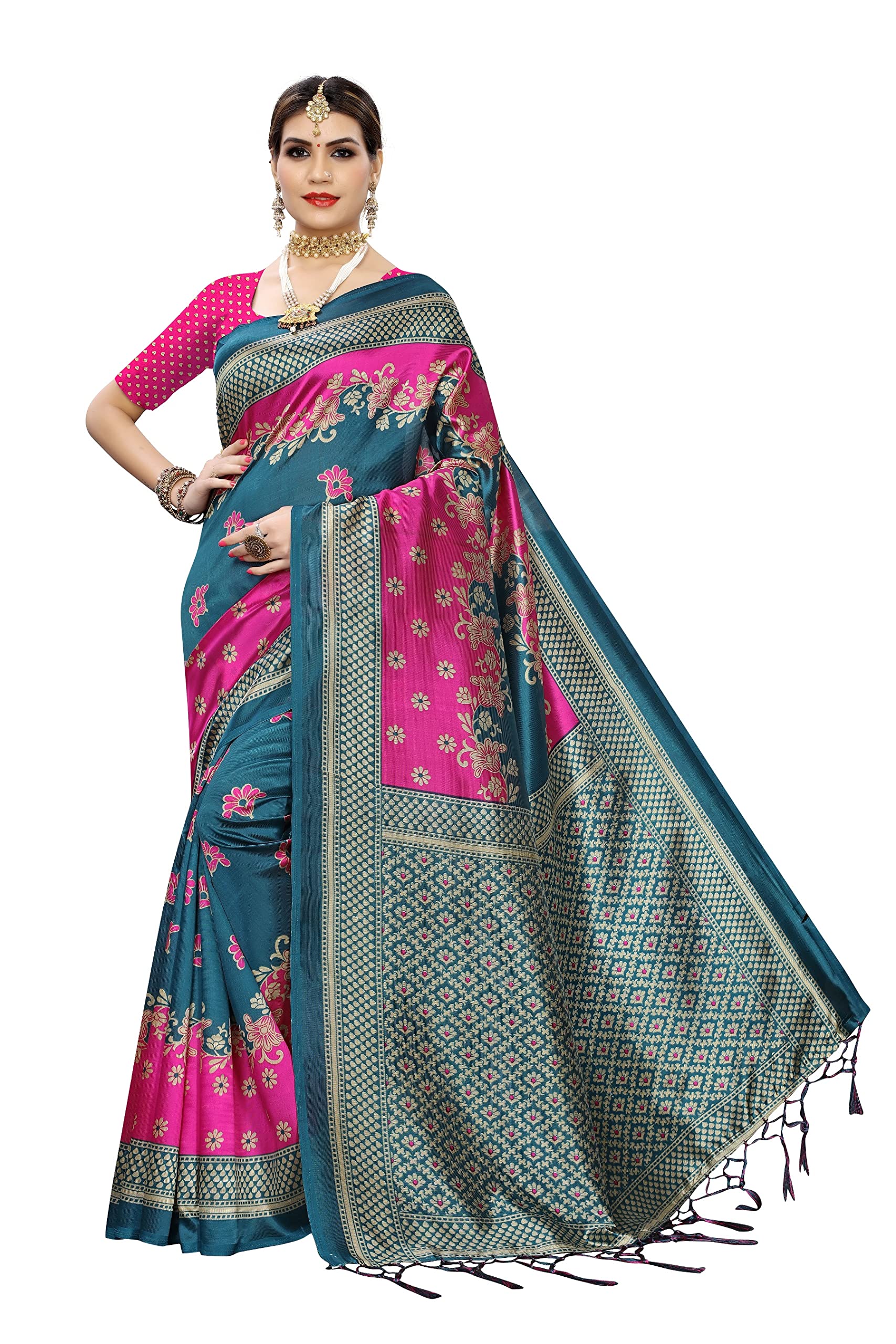 VAIVIDHYAM women's art silk banarasi style saree with blouse piece (Multi-Color_Free_Size) MALANG RAMA, rama, One Size