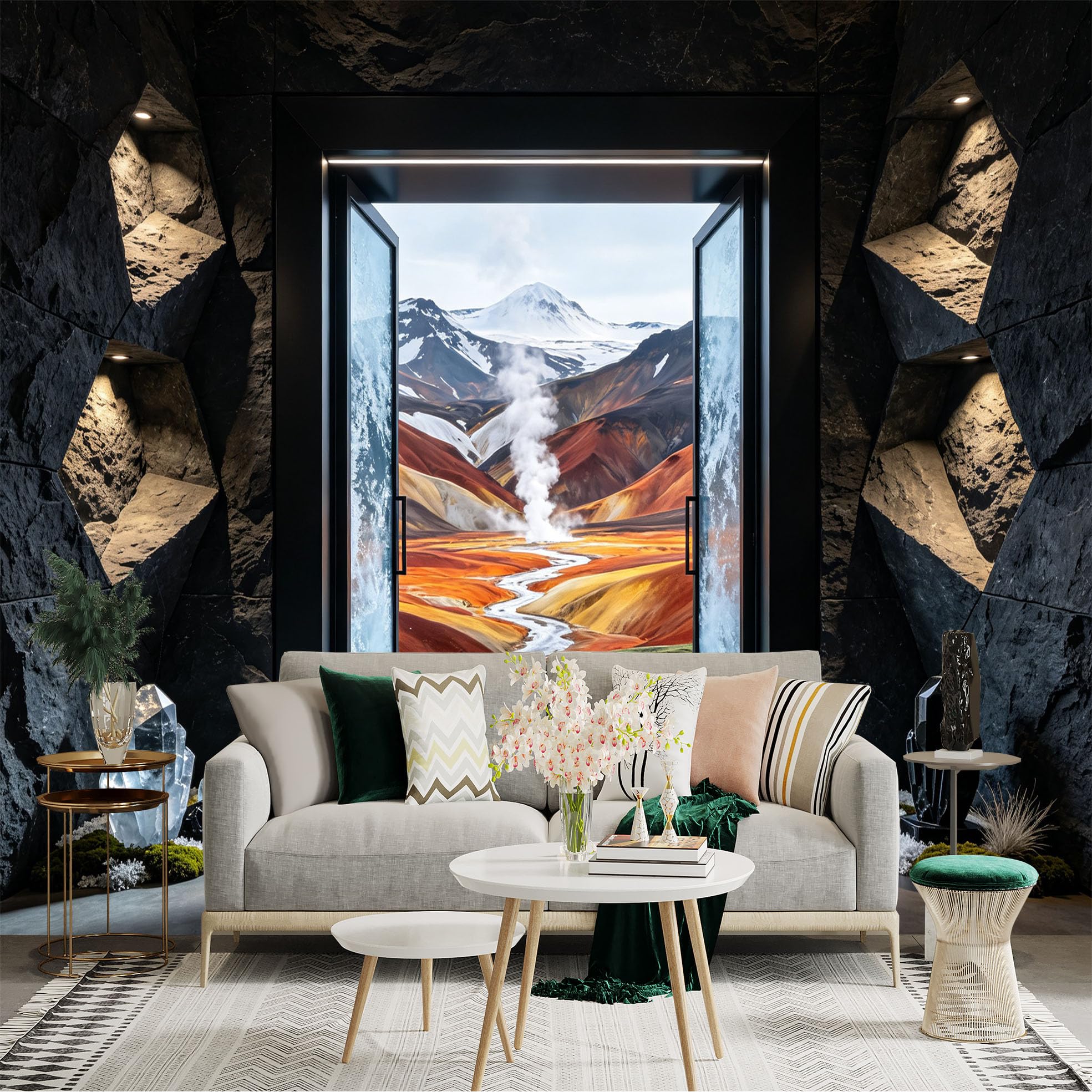 Custom Size Wall Sticker Mural， Volcanic Mountain Valley with Steam River and Snow Peaks， for wall Decoration， peelandstick wall Decals.