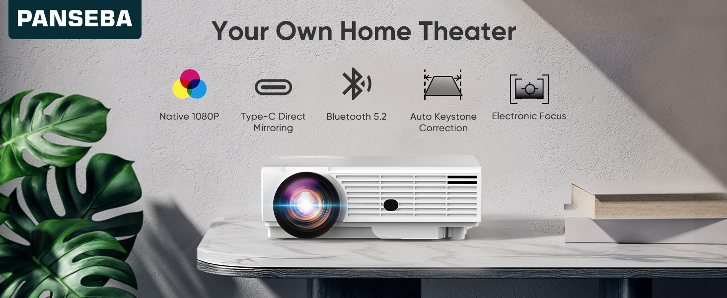 PANSEBA ホワイト　高性能プロジェクター Amazon.com: Native 1080P Mini Projector Bluetooth, Type-C Wired