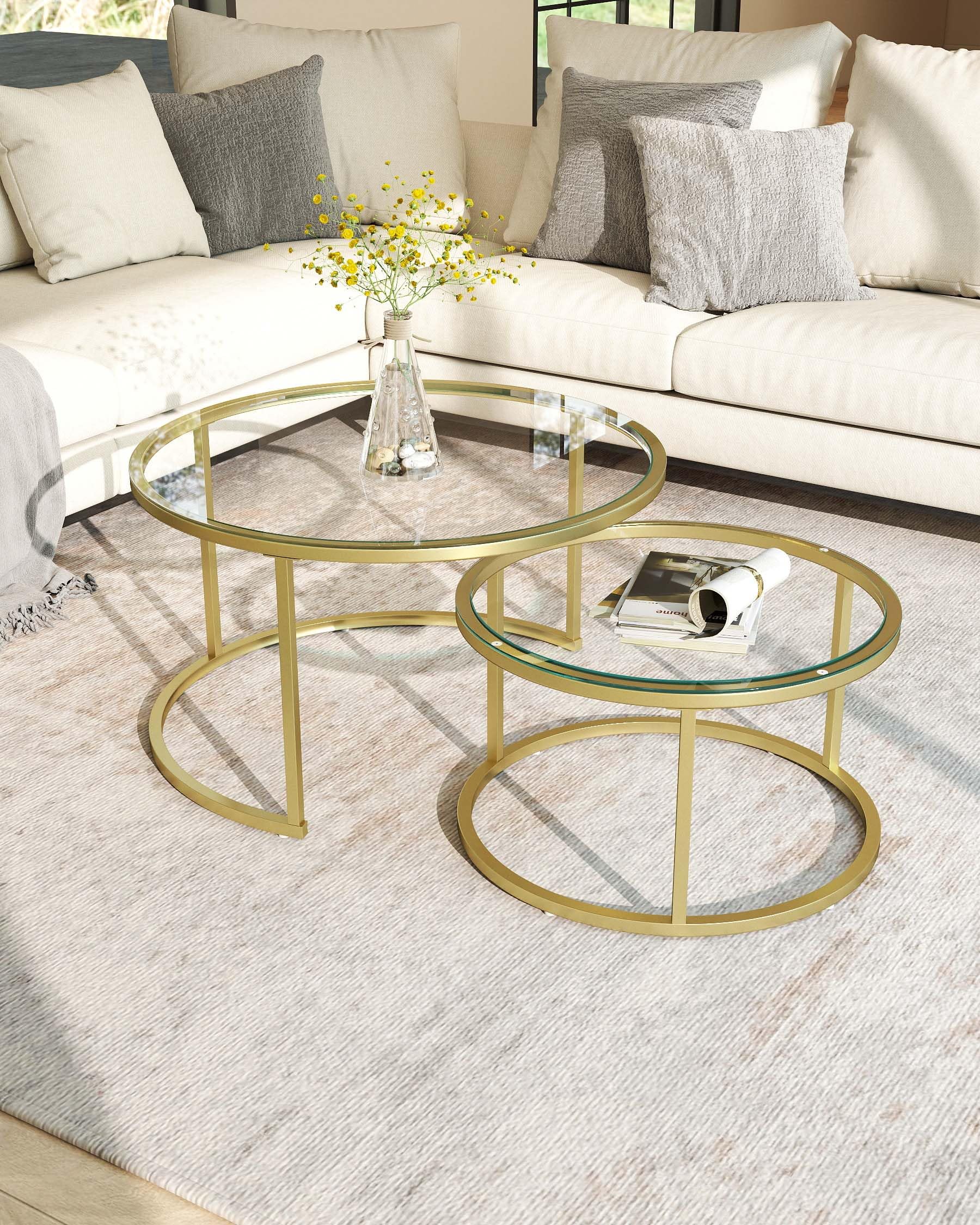 Glastisch 2er Set Couchtisch Rund Satztische Gold mit Gehärtetem Glas, Sofatisch Glasplatte Wohnzimmertisch Modern, Großer Beistelltisch Kaffeetisch für Wohnzimmer & Büro, 80 + 60cm Küche, Haushalt & Wohnen