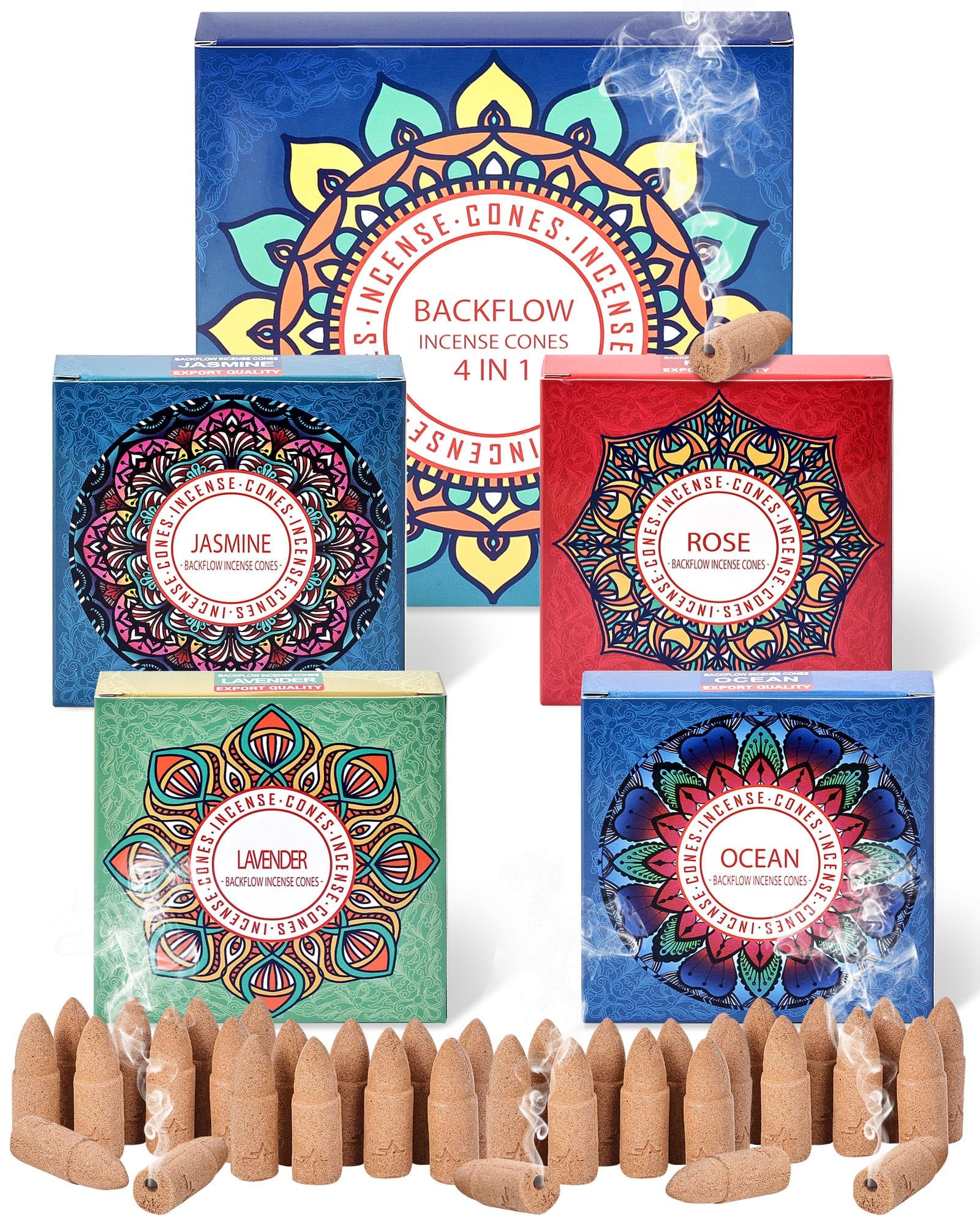 Backflow Incense Cone, Lavender Jasmine Rose Ocean for Yoga Gift & Meditation