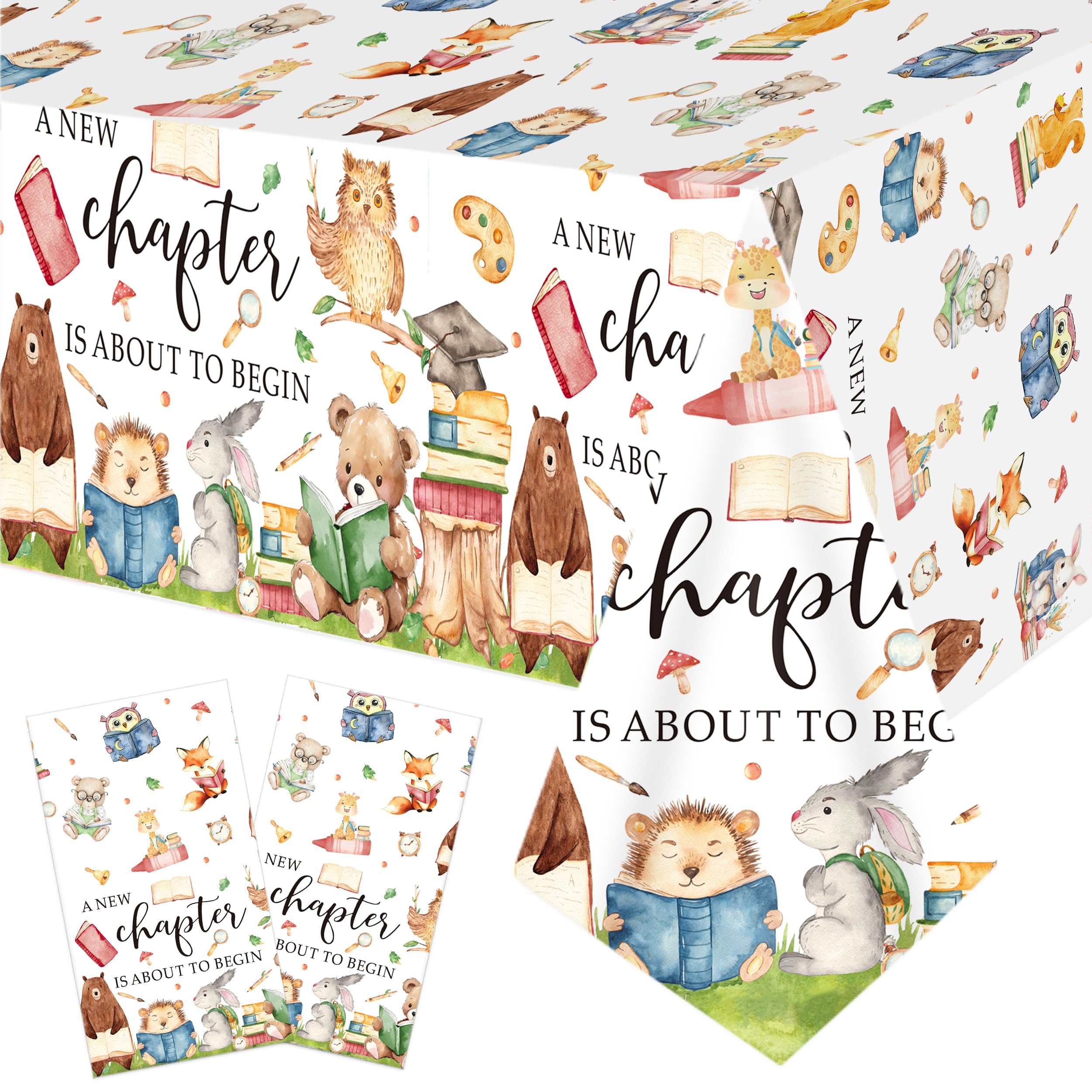 2pcs Woodland Animal Book Themed Tablecloth, A New Chapter Is About To Begin Table Cover, Watercolor Forest Animals Reading Decor for Back to School Baby Shower Storybook Birthday Party Supplies
