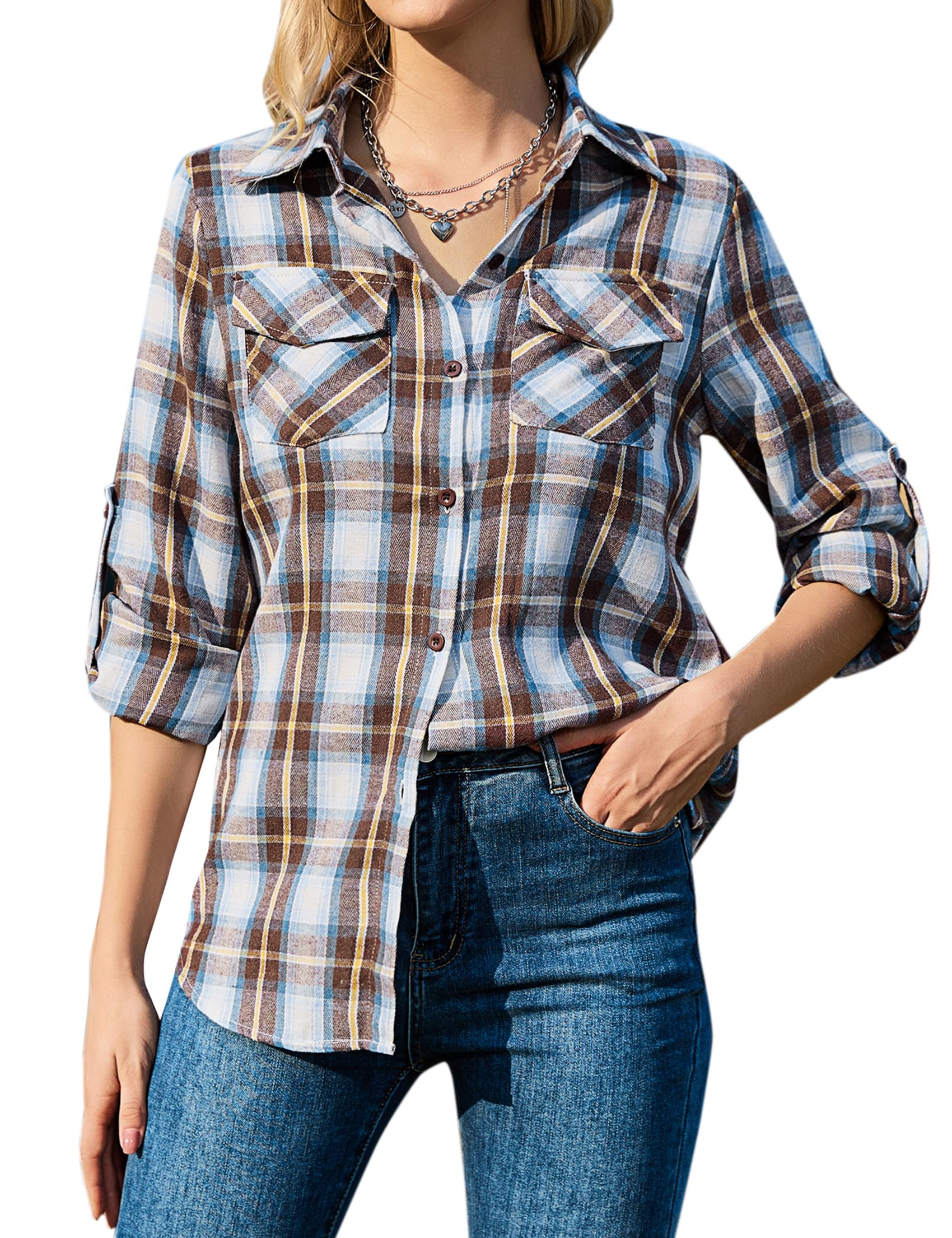 Aottori Kariertes Hemd Damen Hemdbluse Karohemd Bluse Baumwolle Langarm V-Ausschnitt Oktoberfest Holzfällerhemd Flanellhemd Oberteile Knopfleiste