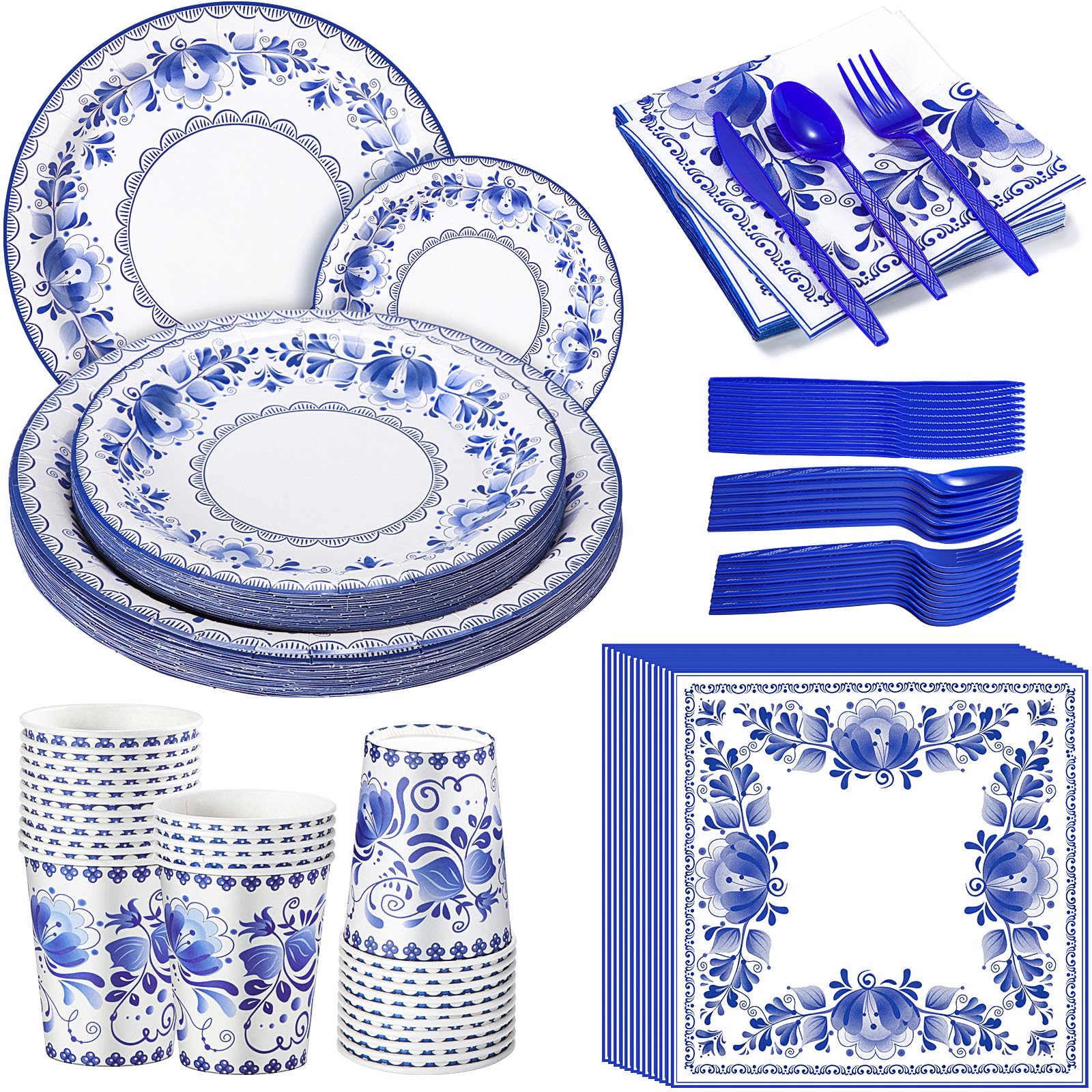 175 Pcs Blue White Floral Disposable Tableware Set Serves 25 Guests Chinoiserie Flower Paper Plates Napkins Cups Knifes Forks Spoons for Wedding
