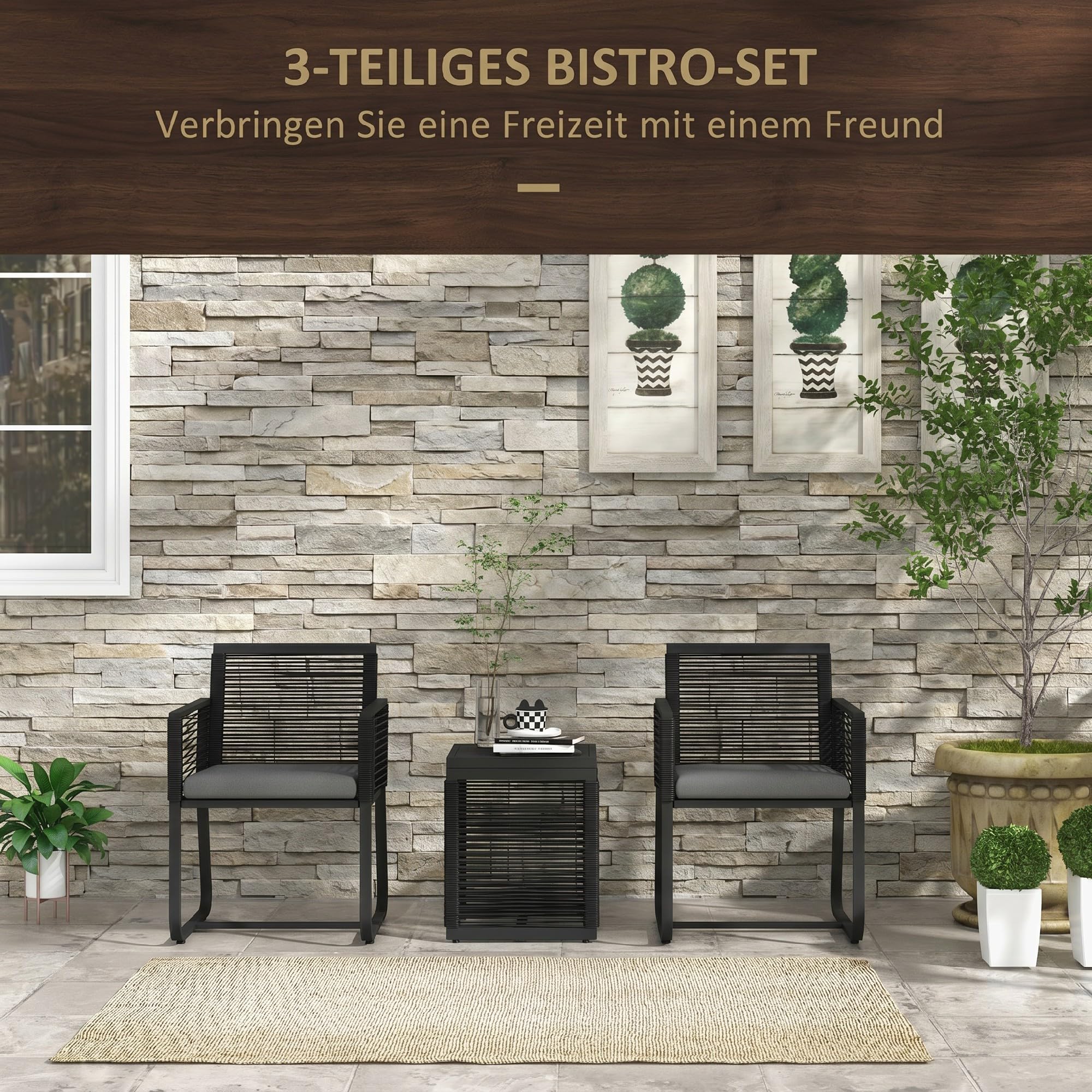 Outsunny 3-teiliges Rattan Gartenmöbel-Set Sitzgruppe Gartengarnitur mit 2 Gartenstühlen, Beistelltisch mit Hartglasplatte, inklusive Kissen, ideal für Balkon, Schwarz