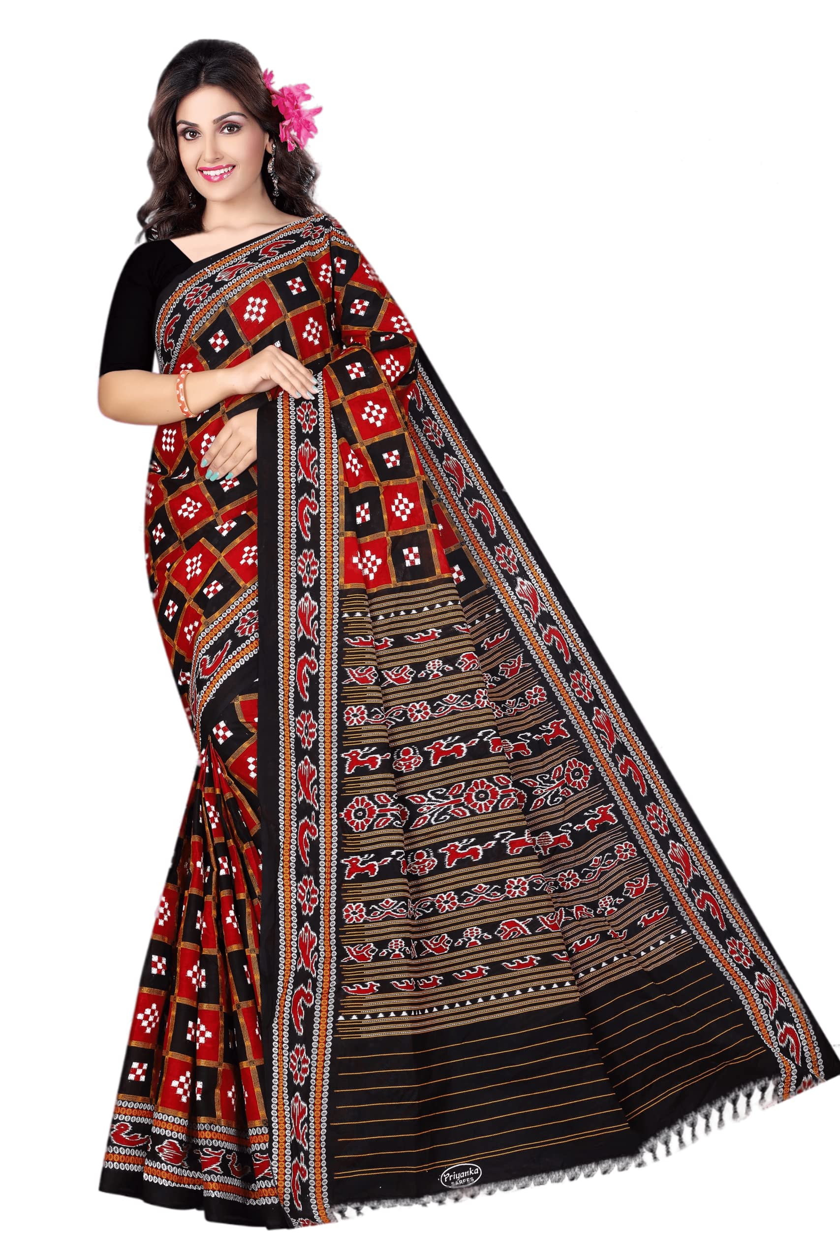 Ethnic Odisha Sambalpuri Cotton Saree Handloom Ikkat Bomkai Pasapali Pata Papa For Women, Multicolor