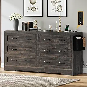 DWVO Farmhouse 6 Drawer Dresser for Bedroom, 31.5 Inch Tall Modern Dresser TV Stand with Large Drawers & Bar Handles, Storage Dressers with Power Outlets, Rustic Wood Chest of Drawers, Dark Rustic Oak