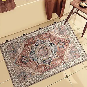 Boho Tribal Area Rug 2x3 Small Entranway Rug Bathroom Doormat Indoor Carpet Farmhouse RugFaux Wool Non-Slip Washable Low-Pile Floor Carpet for Indoor Front Entrance Kitchen Bathroom, Brickred