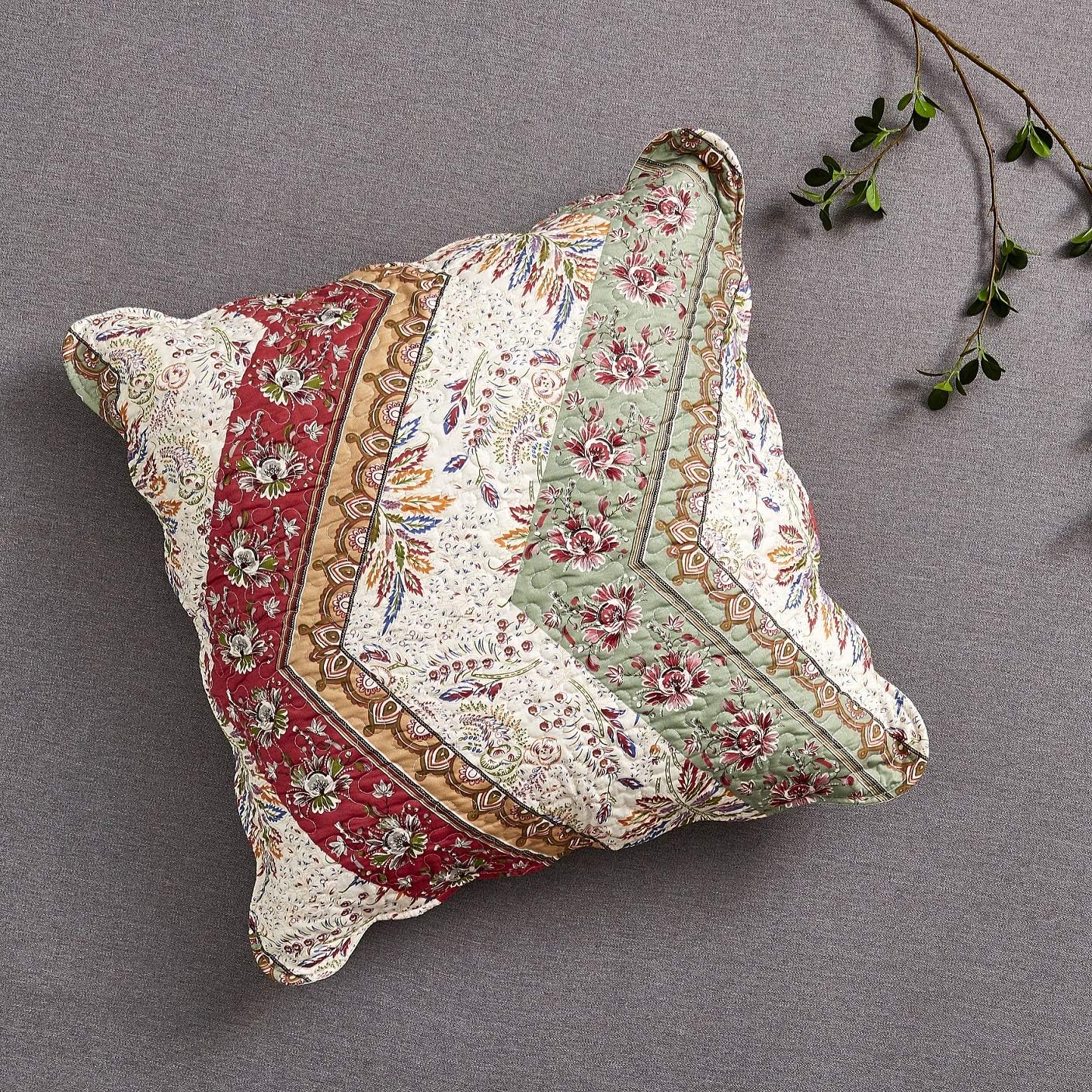 DaDa Bedding Bohemian Floral Euro Pillow Sham Cover - Chevron Paisley Pattern Patchwork Scalloped - Rustic Cranberry Sage Botanical Filigree - Red Green & Orange - 26" x 26" - 1-Piece