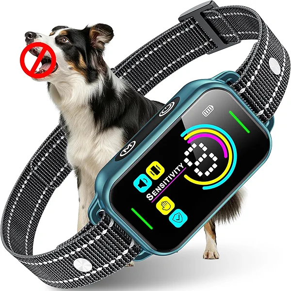 DINJOO Bark Collar, Dog Bark Collar for Large Medium Small Dogs,Smart Bark Collar,Rechargeable Anti Barking Training Collar with 8 Adjustable Sensitivity,Barking Collar with Beep (Blue)