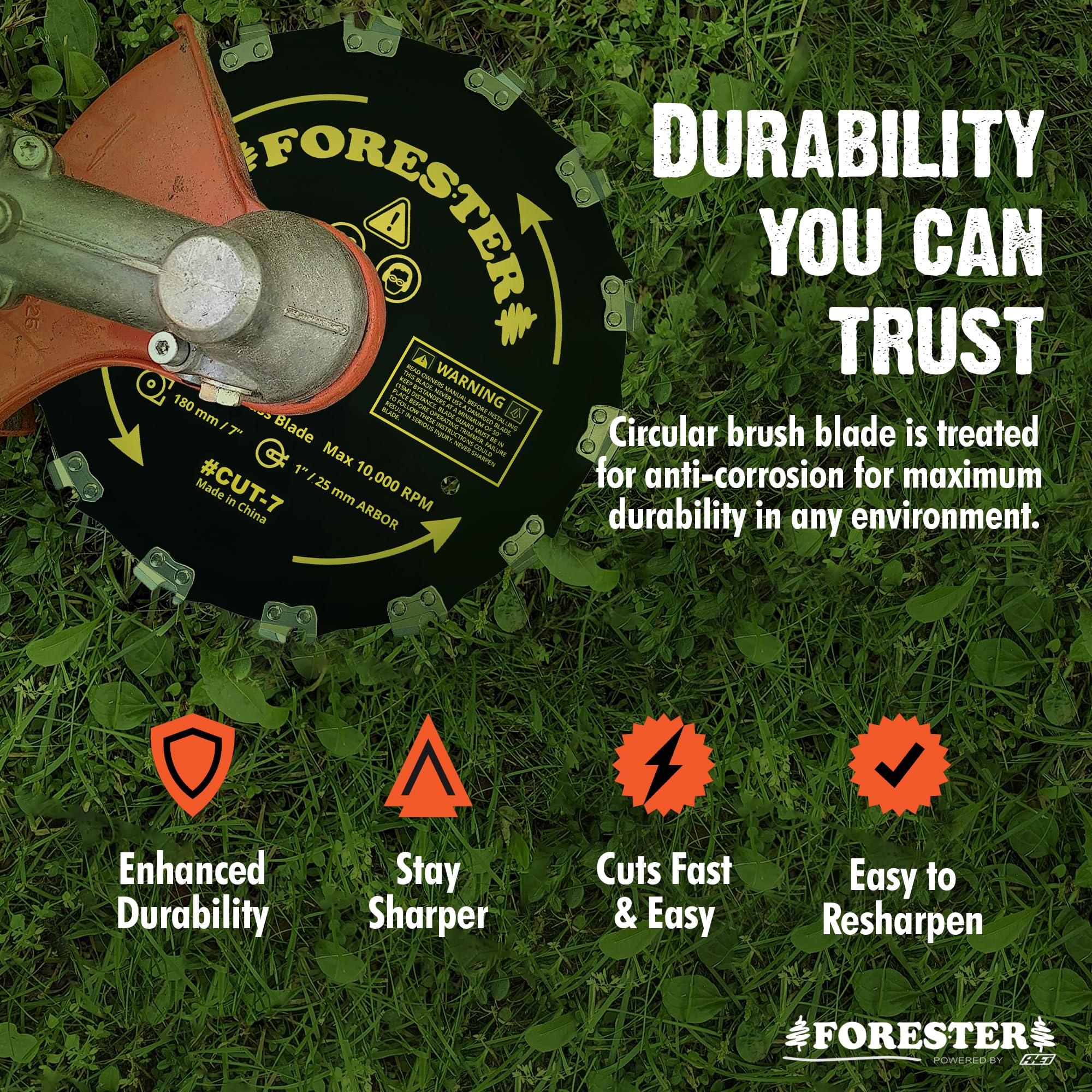 FORESTER Kit di conversione decespugliatore con lama decespugliatore da 17,8 cm, include occhiali di sicurezza, tappi per le orecchie, guanti, imbracatura, compatibile con la maggior parte dei