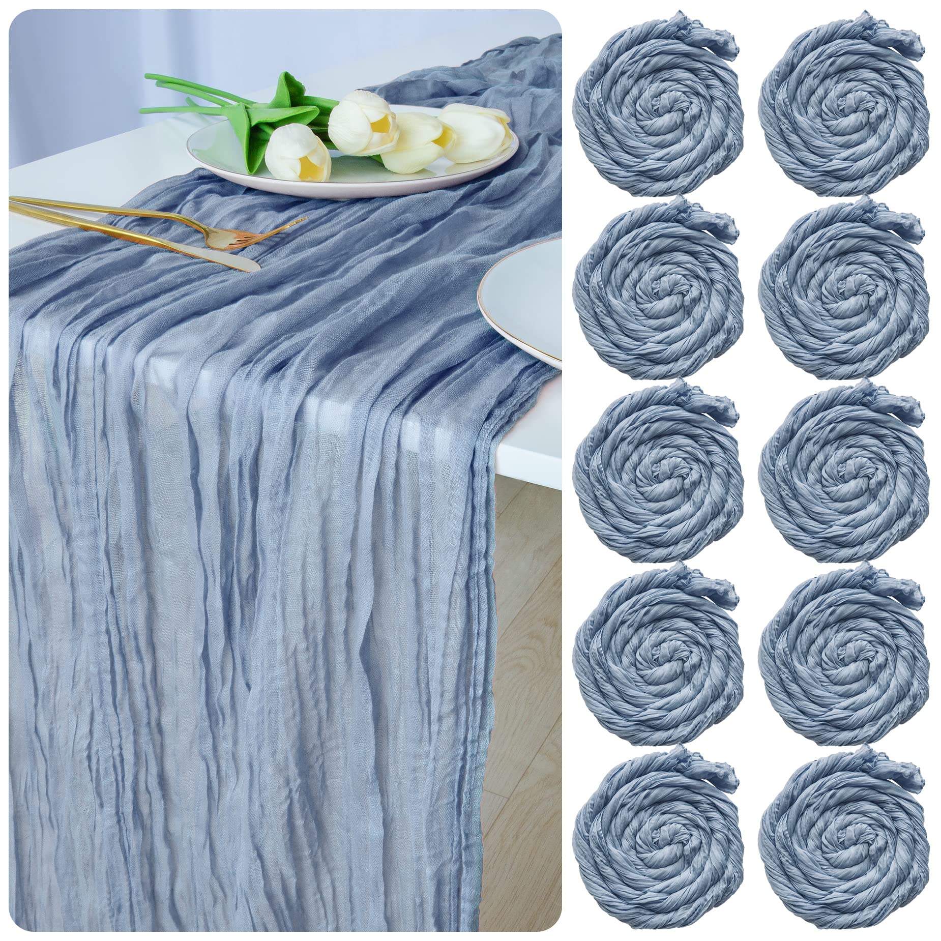 10 Pack Dusty Blue Cheesecloth Table Runners 35 x 120inches Gauze Table Runner Sheer Romantic for Wedding Reception and Drapery, Bridal and Baby Shower, Birthday Party, Dinning Event Table Decor