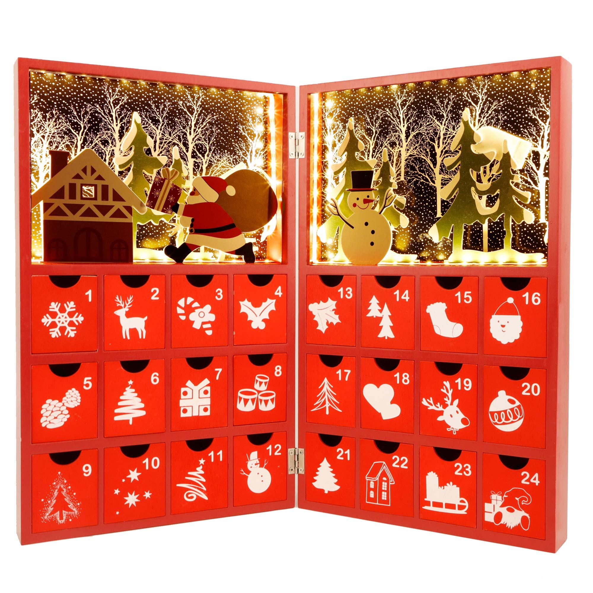 DR.DUDU Red Advent Calendar Wooden Christmas Book,24 Day Christmas with 90 LED Lights, Countdown to Christmas 24 Storage Drawers