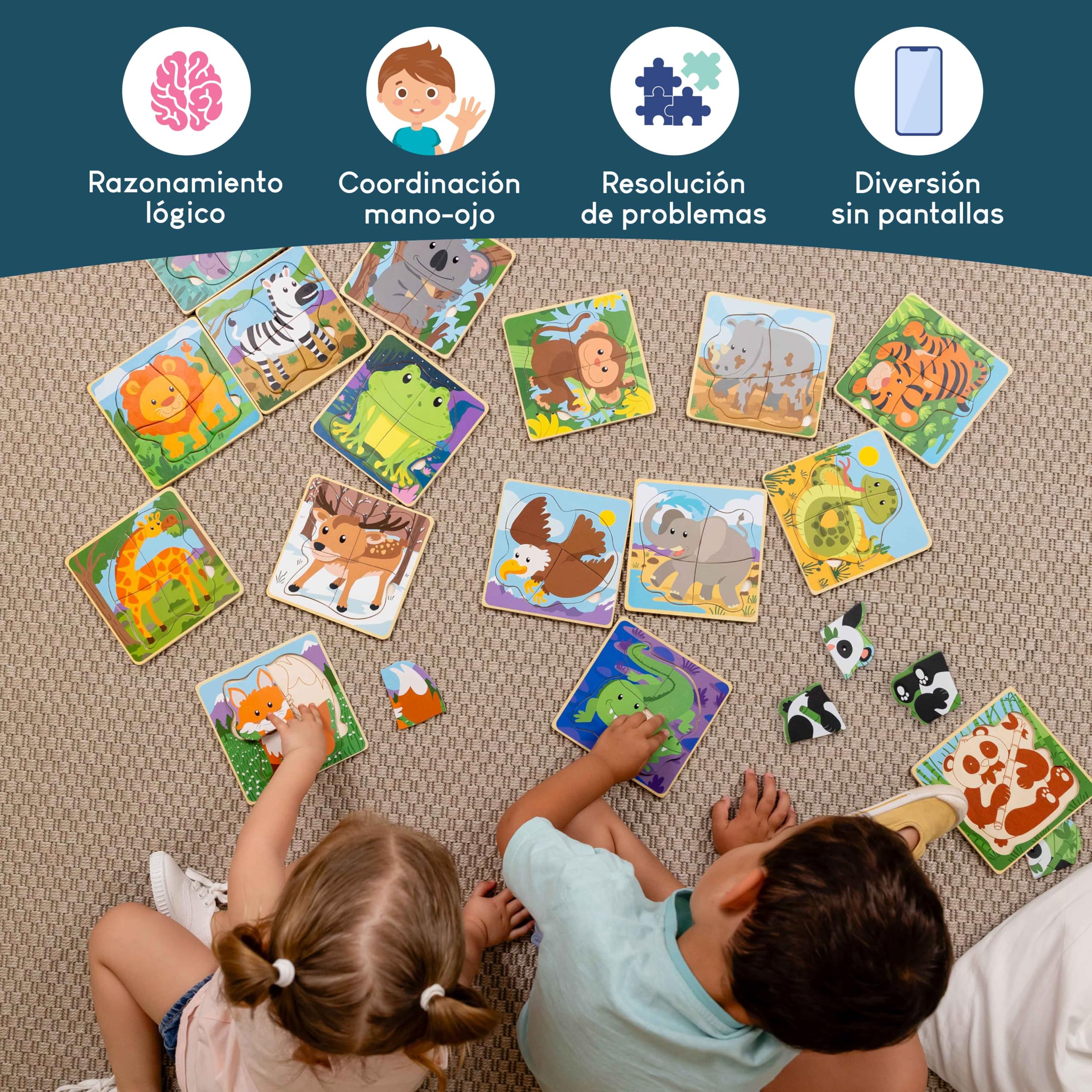 BONNYCO Pack 16 Puzzle Madera de 4 Piezas para Regalos Cumpleaños Niños Colegio 1 a 5 Años. Ideas Detalles Invitados, Juguetes Infantiles y Juegos Rompecabezas para Bebés Guardería