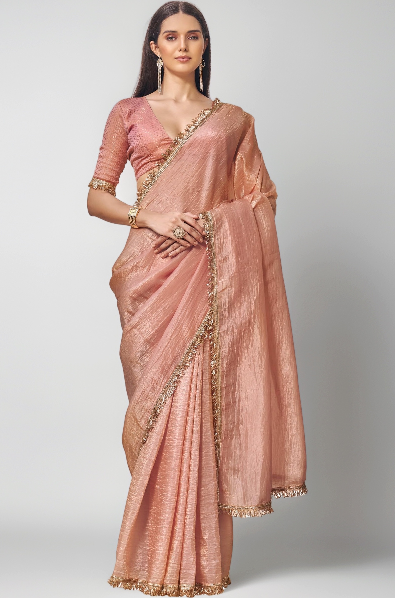 Womanista Women's crushed organza saree with designer lace and brocade blouse