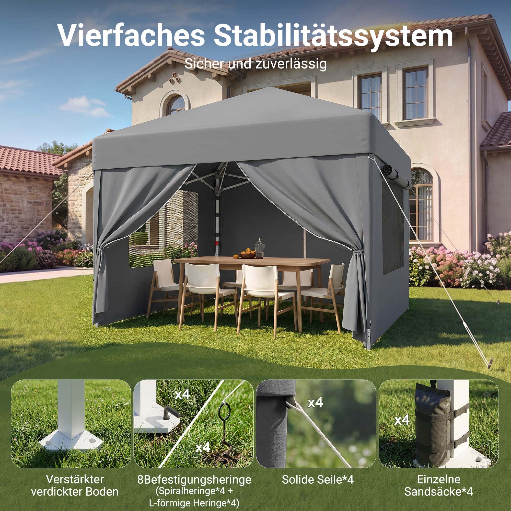 JUMMICO Pop Up Faltpavillon, 3 x 3 m Pavillon mit Netzfenstern zur Belüftung, UV-Schutz 50+, mit 4 Seitenwänden, wasserdicht stabil Winterfest，Faltbar Partyzelt Gartenzelt Gartenpavillon, Grau