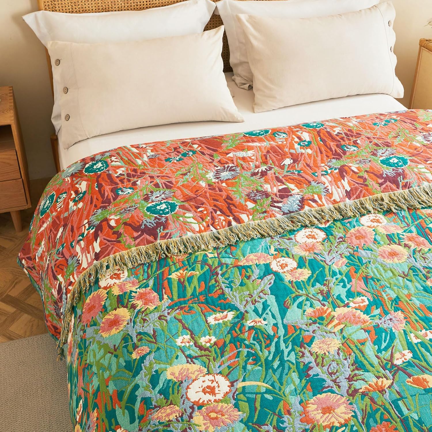 Boho Throw Blanket - 90"x90" 100% Cotton Ultra Soft Lightweight Spring Blanket, 4-Layer Breathable Muslin Blankets for Bed Couch, Reversible Green Floral Printed Bohemian Cotton Quilt
