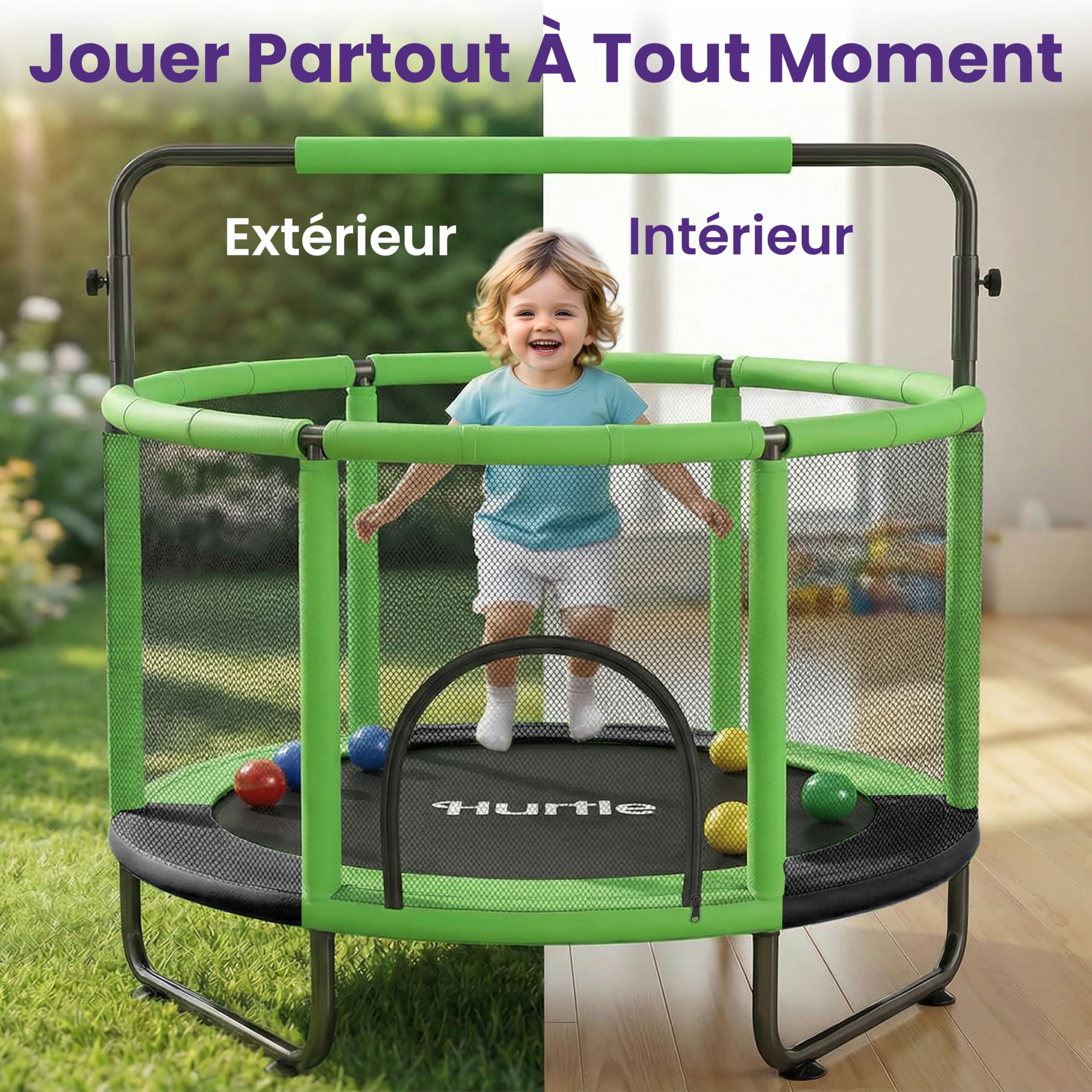 Hurtle Trampoline Enfant 140 cm avec Filet de Sécurité – Trampoline Jardin et Intérieur avec Balançoire, Sac de Frappe, Anneaux, 20 Balles, Structure Stable, Jeux Actifs dès 3 Ans