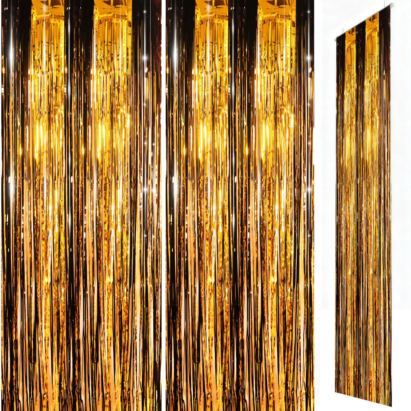 Black and Gold Foil Door Curtain Decorations, 2pcs 3.2ft x 8.3ft Tinsel Curtains Fringe Backdrop, Black and Gold Streamers Door Hanging Decor for Birthday Wedding Bridal Shower Bachelorette Party.