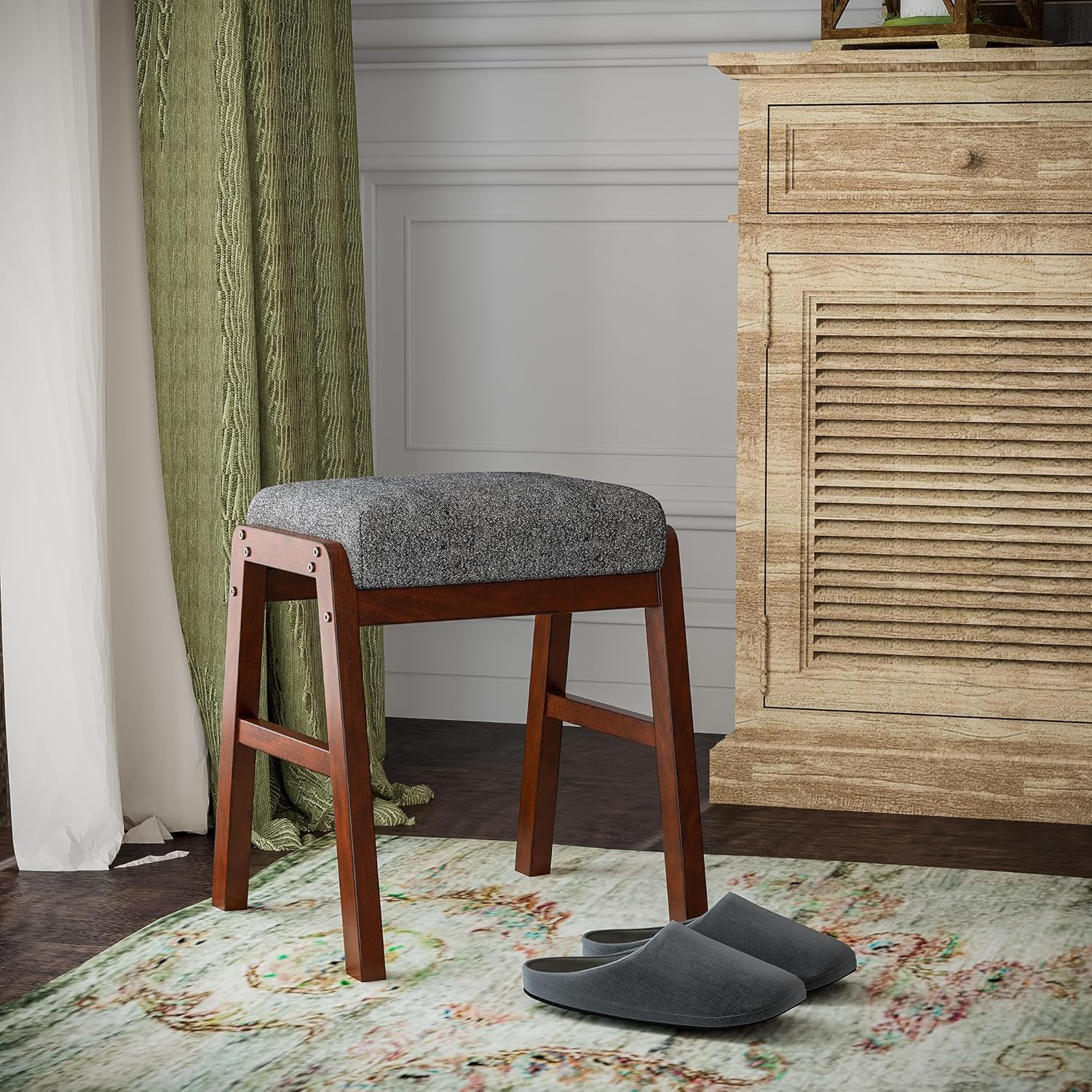 Fabric Vanity Stool, 17.72" H Makeup Bench with Wood Legs, Charcoal Grey