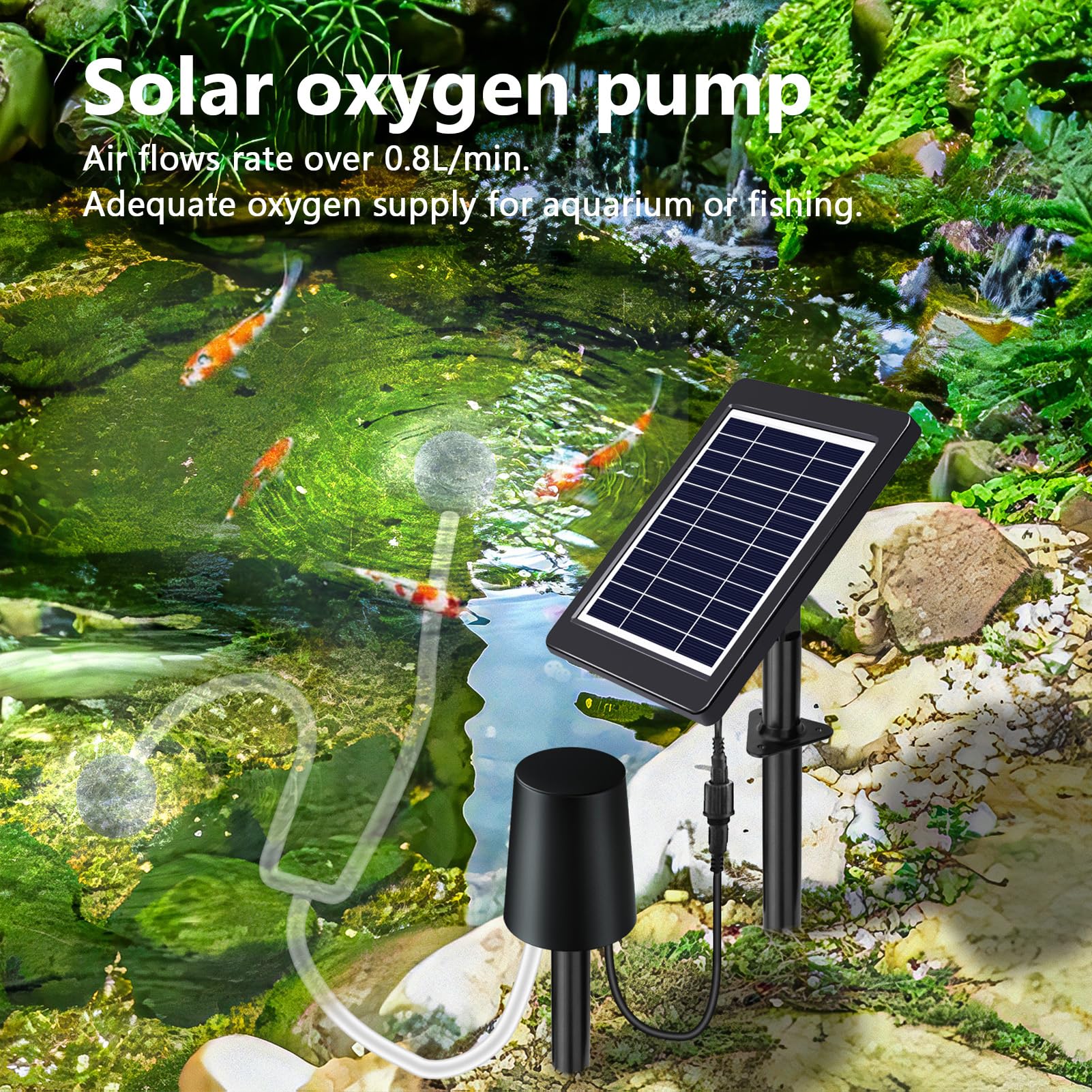 Marhynchus Kit Aeratore per Laghetto Solare con Pannello Solare da 6 V 4 W e Batteria da 2200 MAh, Pompa di Ossigeno per Laghetto da Esterno per Acquari con Flusso d'aria di 0,8 L/min e 3 modalità,