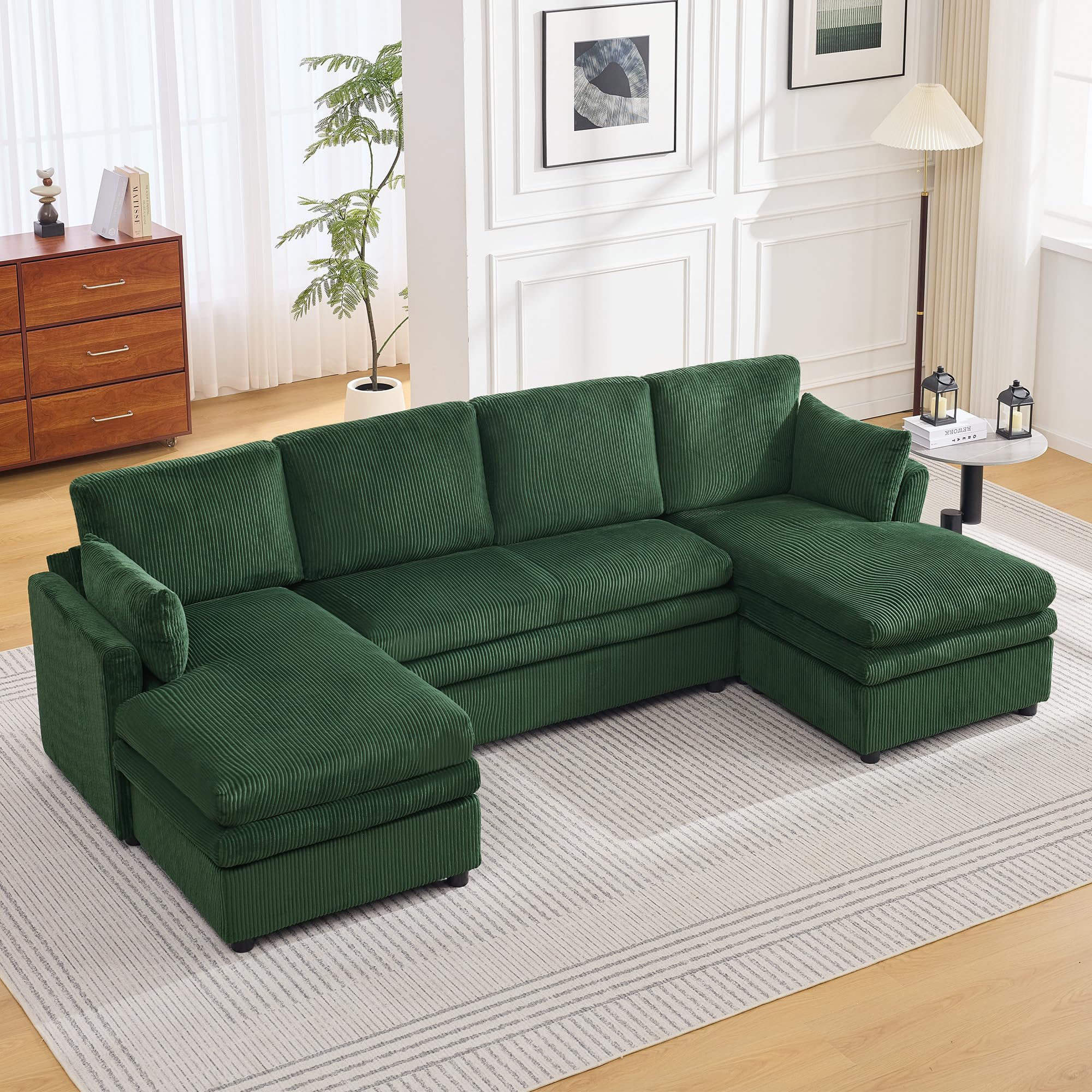 110" Sectional Couches with Double Chaises, Comfy Deep Dual-Layer Cushion Couch, 6 Seater U Shaped Couch, Modern Modular Sofa, Corduroy Sofas for Living Room, Apartment, Green