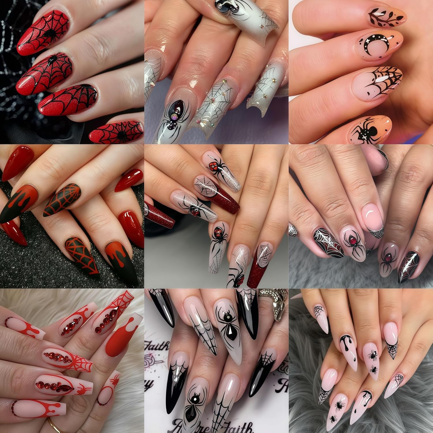 6 Sheets Halloween Nail Art Stickers Diamond Spider Nail Stickers 3D Self-Adhesive Cute Black White Spider Web Nail Decals with Rhinestones Design Nail Decor for Halloween Party DIY Manicure Supplies