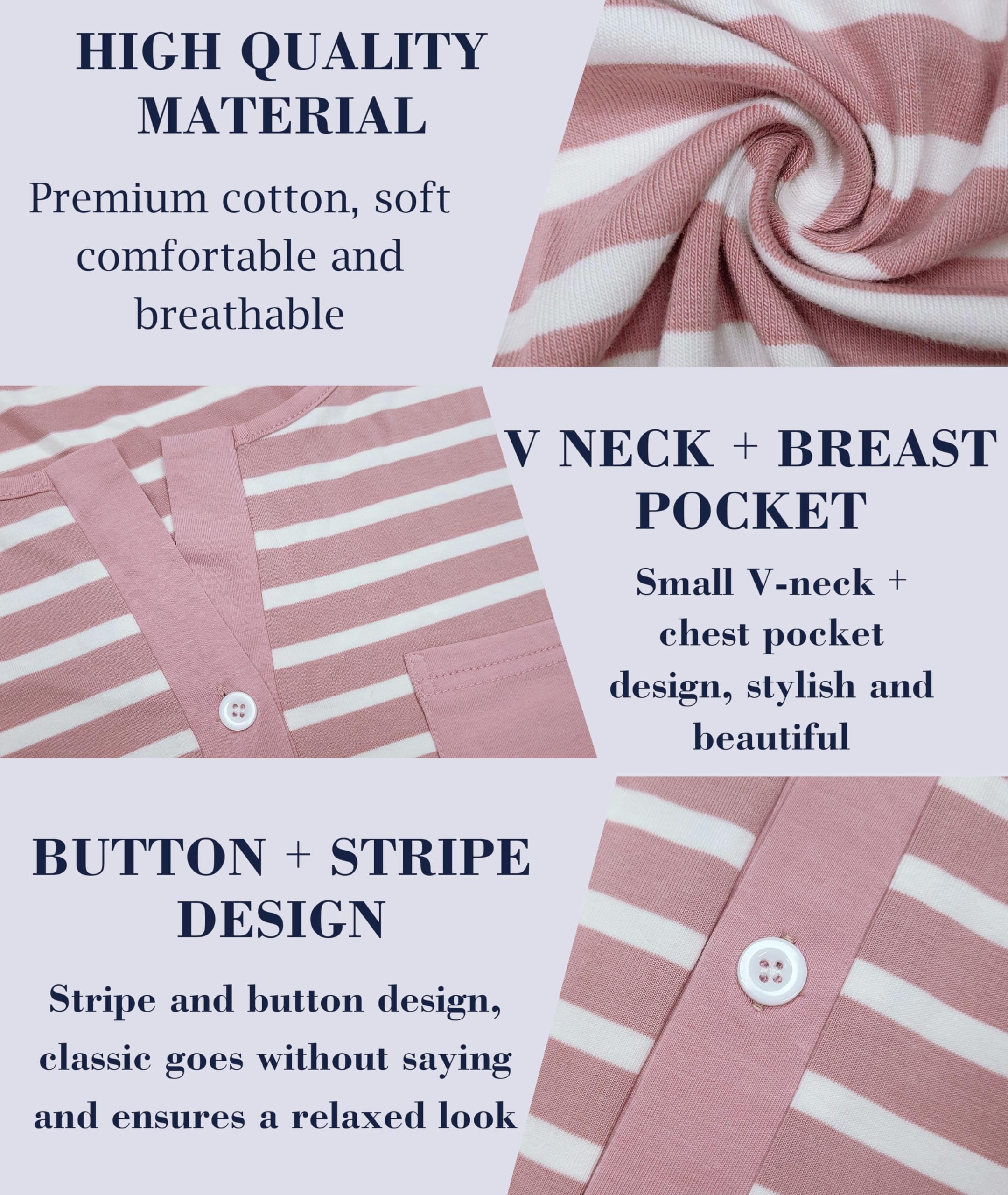 Lovasy Camicia da Notte in Cotone Donna Camicia da Notte Manica Corta a Righe Scollo a V Sexy Sottoveste Curvy con Bottoni Davanti Abito da Notte Estiva con Tasche