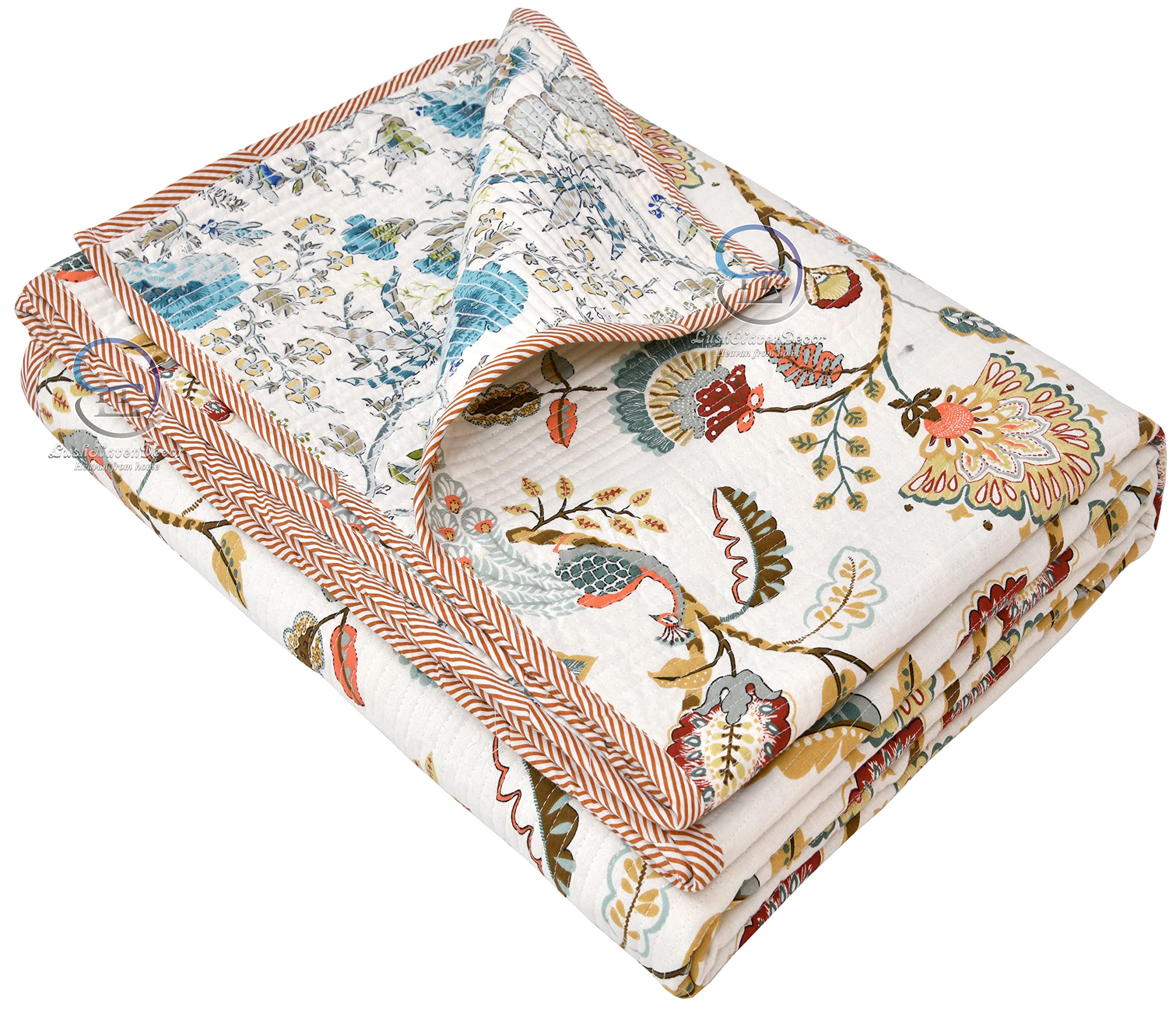 100% Cotton Hand Made 210 TC Sanganeri Print Jaipuri Rajai AC Quilt Razai, Double Bed Mughal Flower Design, 85x100 inch, Beige (Multicolor)