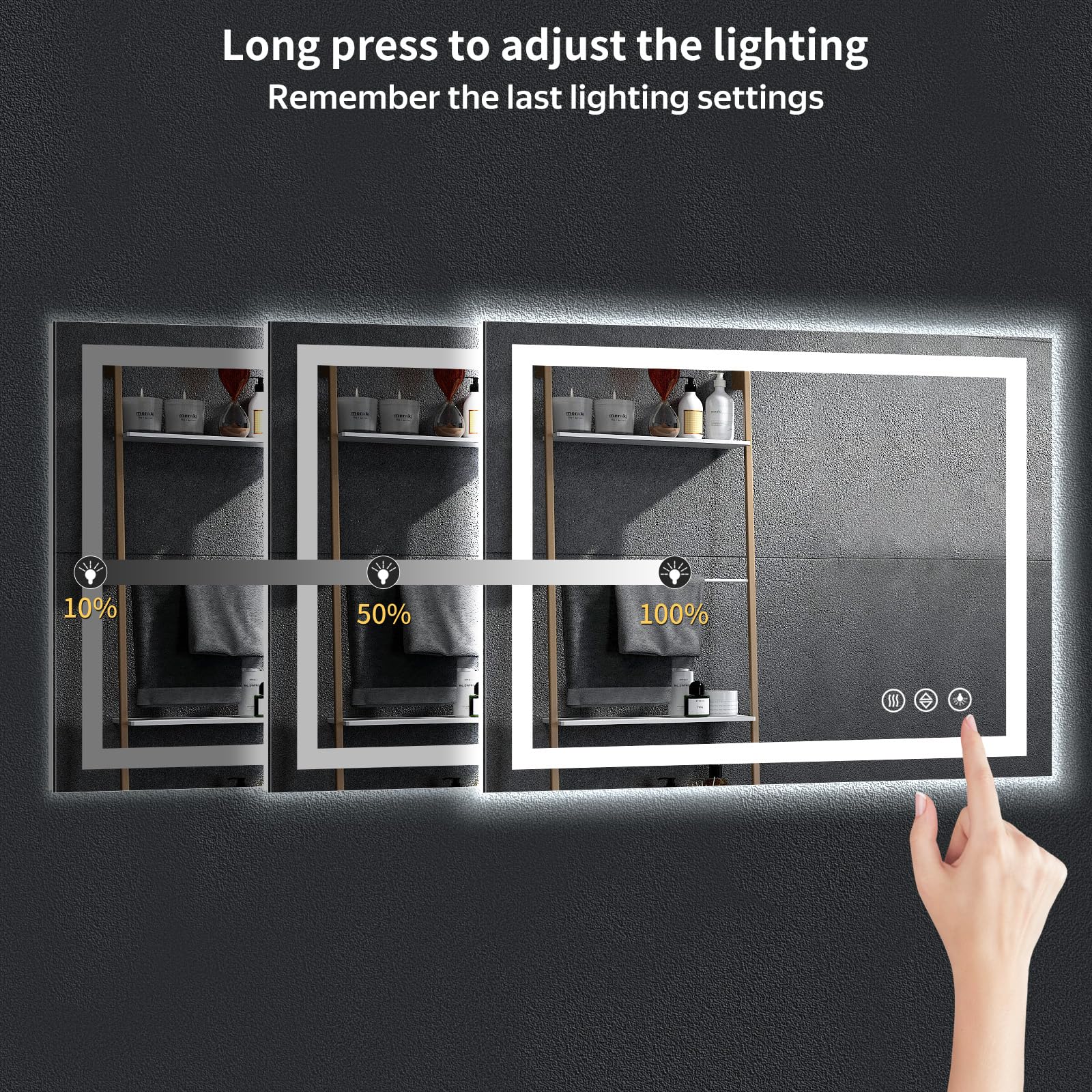 Specchio da bagno a LED con luci, retroilluminato + anteriore illuminato con CRI> 90, specchio illuminato per bagno, anti-appannamento, luminosità dimmerabile, 3 colori, funzione memoria, vetro
