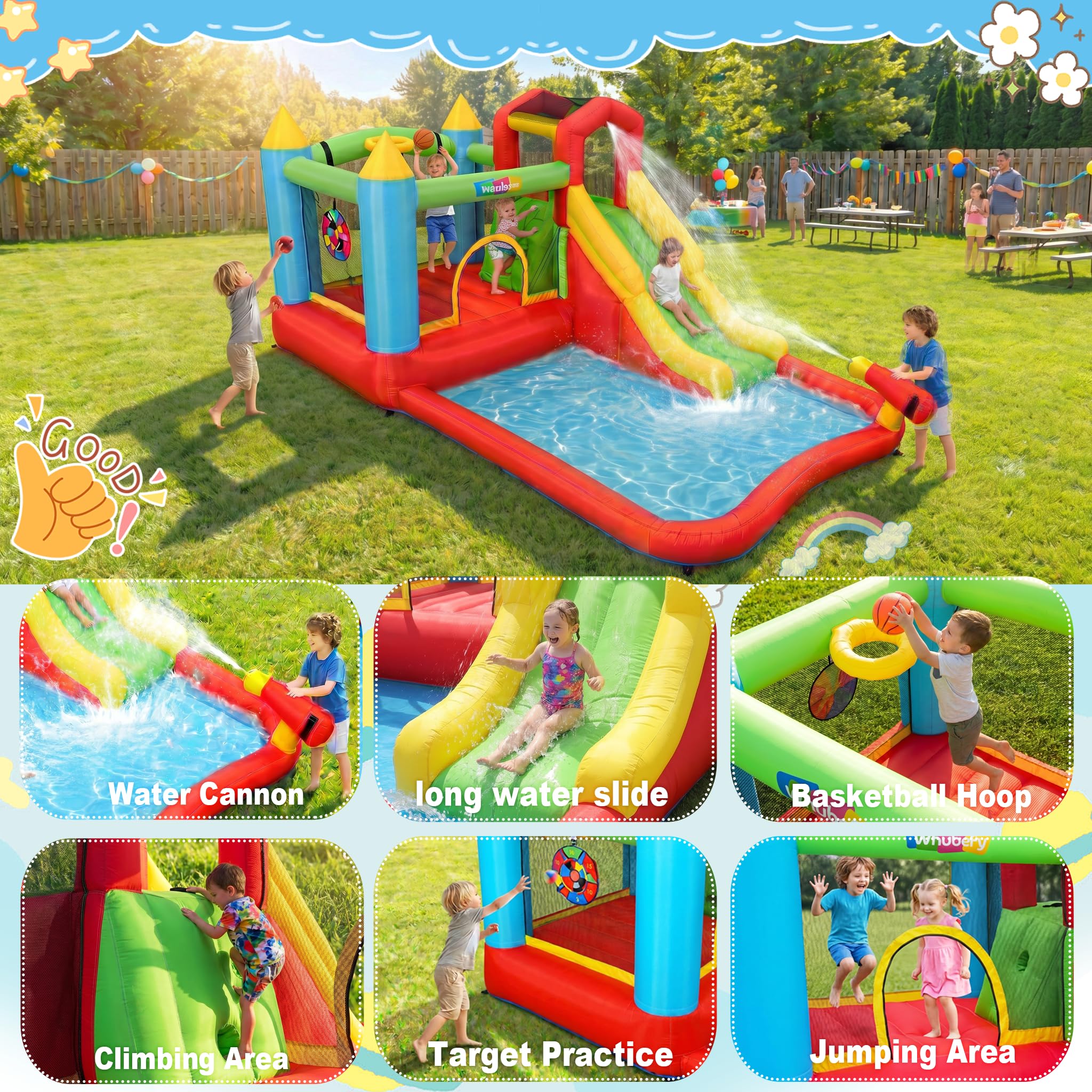 Castello gonfiabile per bambini,Con Scivolo,Castello d’Acqua Set, Trampolino, Piscina e Canestro da Basket, ottimo regalo per la festa in giardino nel parco acquatico, con ventilatore