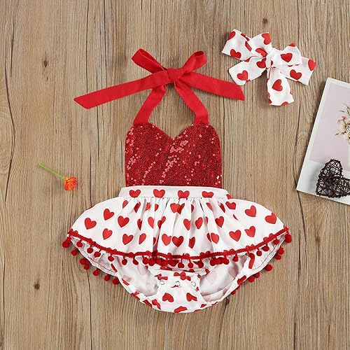 Miniatura 2 de Conjunto de ropa de 2 piezas para bebé recién nacida, para el día de San Valentín, manga con vuelo, estampado de corazón, tutú