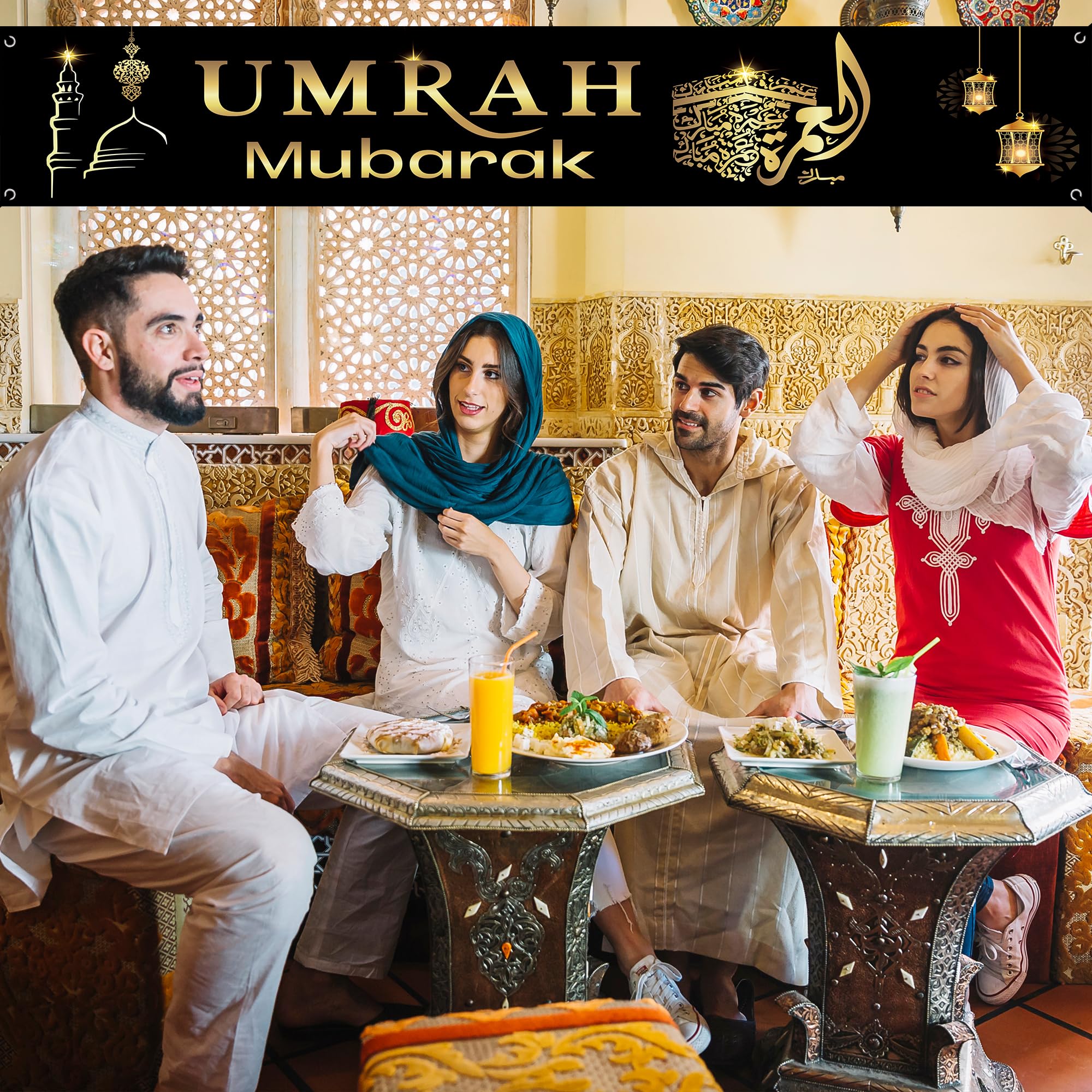 Umrah Mubarak Backdrop Banner Black Gold Ramadan Mubarak Party Decorations Muslim Prayers Eid Indoor Outdoor al-Fitr Party Background Decorations - Image 4