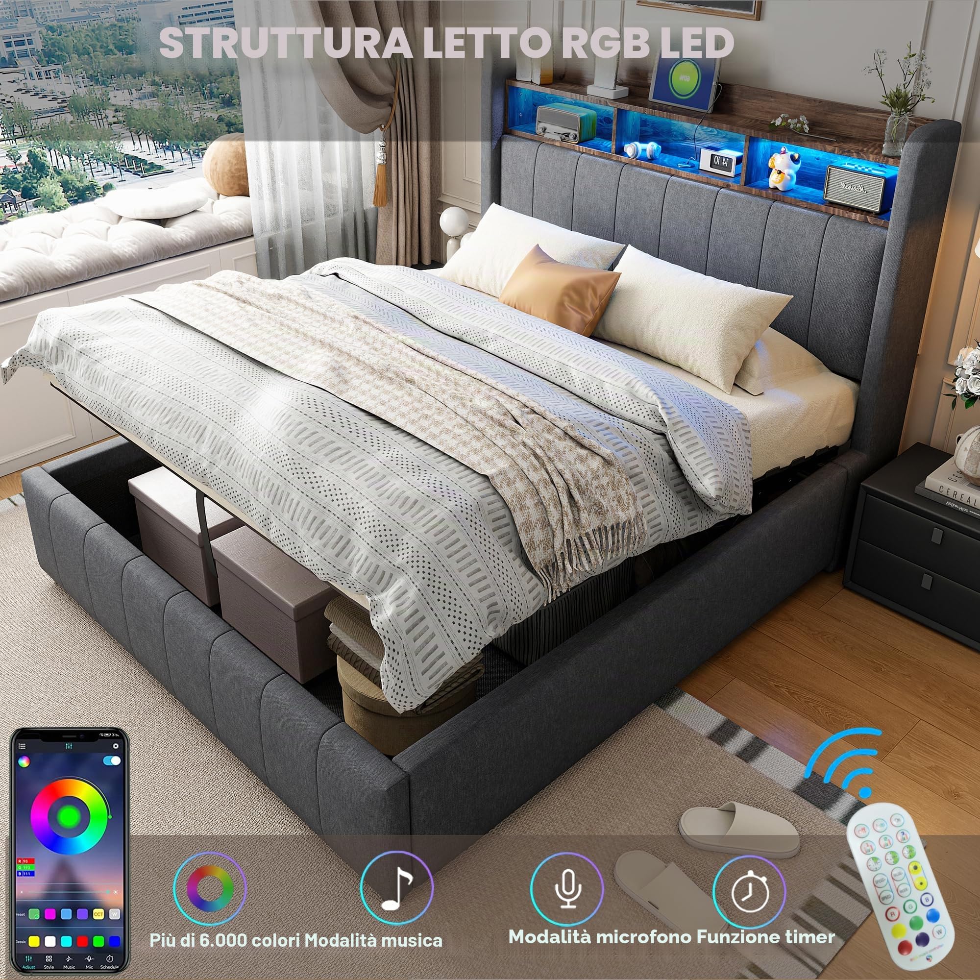 Ymkua Letto Imbottito Letto Matrimoniale 160x200 cm, Bed con LED Luce e USB-Port, Idraulica Struttura Bed frame con Contenitore Testata e Rete a Doghe in Legno, Lino, Grigio, Senza Materasso