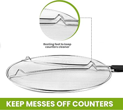 13 Grease Splatter Screen for Cooking | Stainless Steel Oil Splatter Guard and Ultra-Fine Mesh Protects Skin from Burns | TPR Tight-Grip Handle (Black)