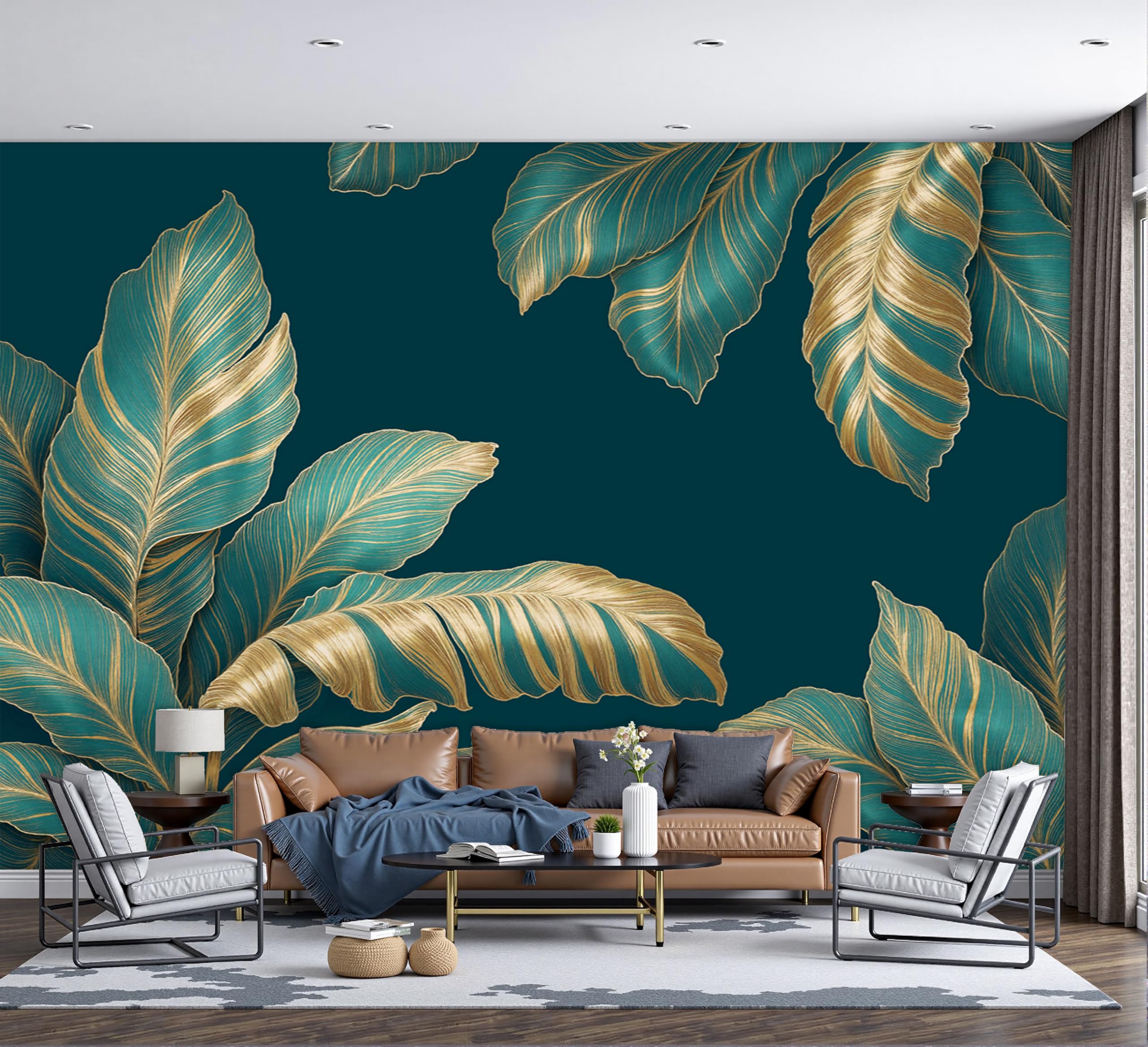 Papel pintado de seda y murales verde parduzco con fotomurales de hoja de plátano 200x140cm