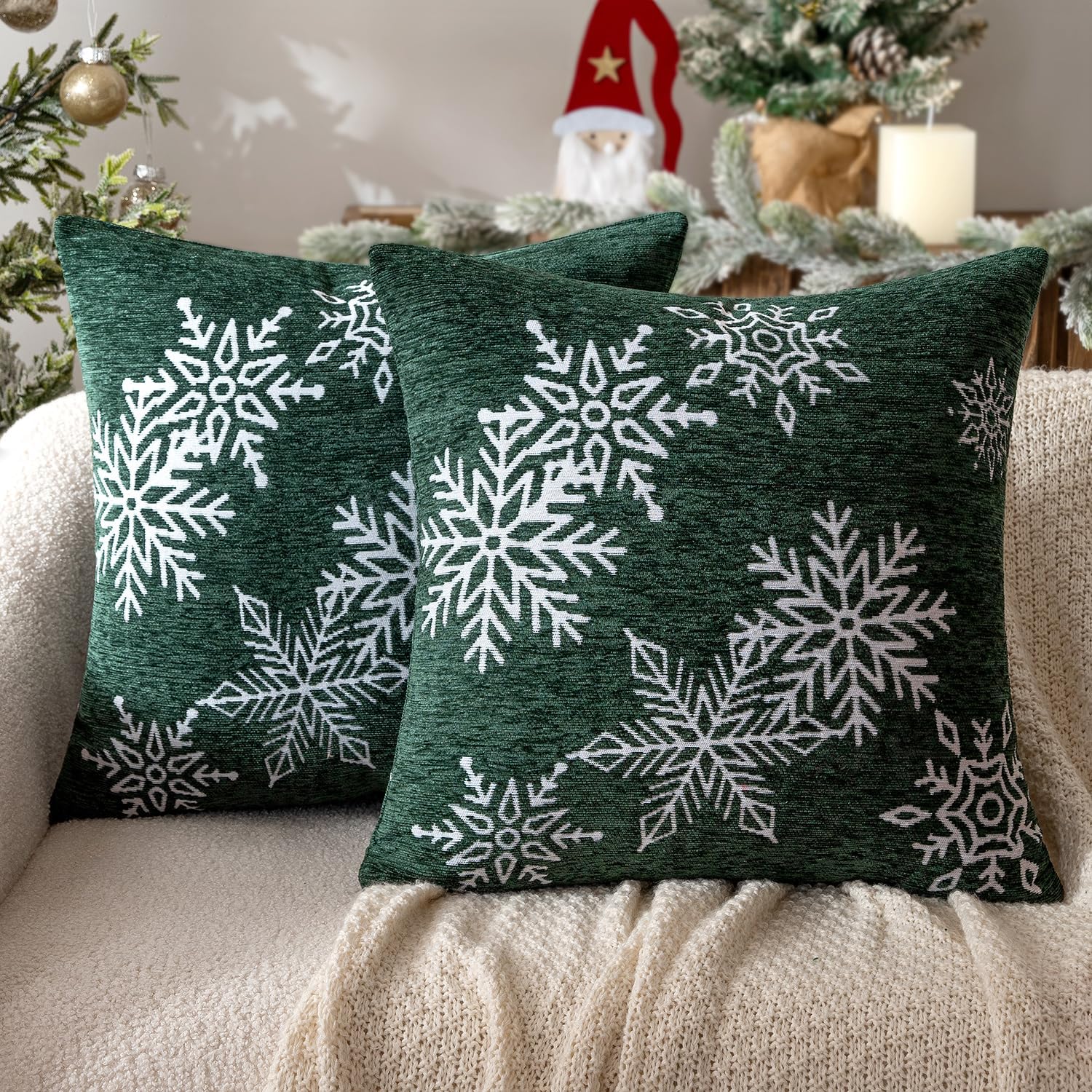 Woaboy Set of 2 Chenille Christmas Snowflake Throw Pillow Covers 18x18 Inch Soft Cozy Decorative Cushion Covers for Farmhouse Couch Living Room Sofa, Dark Green White Snowflakes 18" x 18" (Pack of 2) Dark Green White Snowflakes