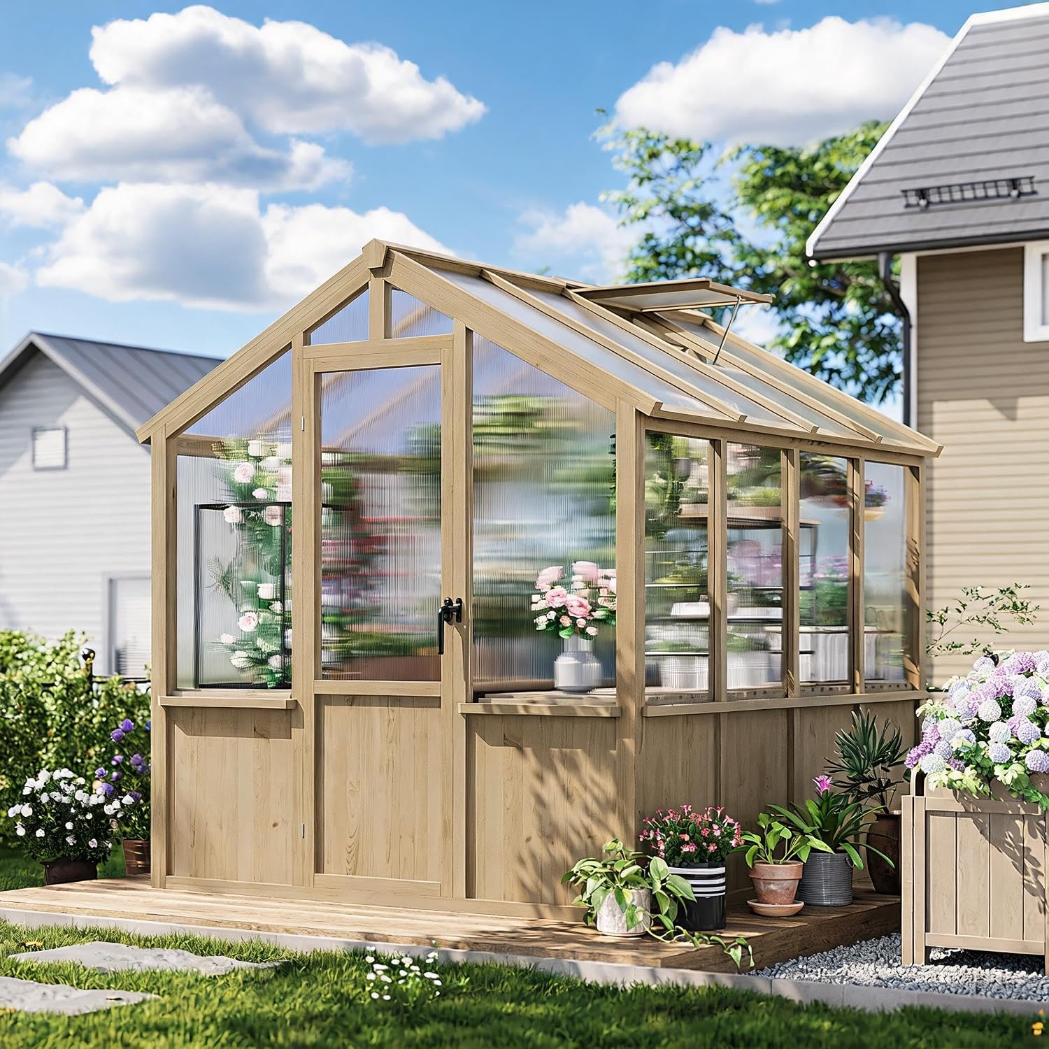 TrailBlaze Walk-in Wooden Greenhouse 6x8 FT – Heavy-Duty Spruce Frame, Polycarbonate Panels, Adjustable Roof Vent & Lockable Door for Backyard, Patio – Natural Wood