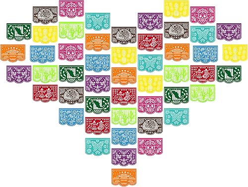 50 pancartas de papel picado de fieltro multicolor, decoración del día de los muertos, manteles individuales y manteles individuales decorativos,
