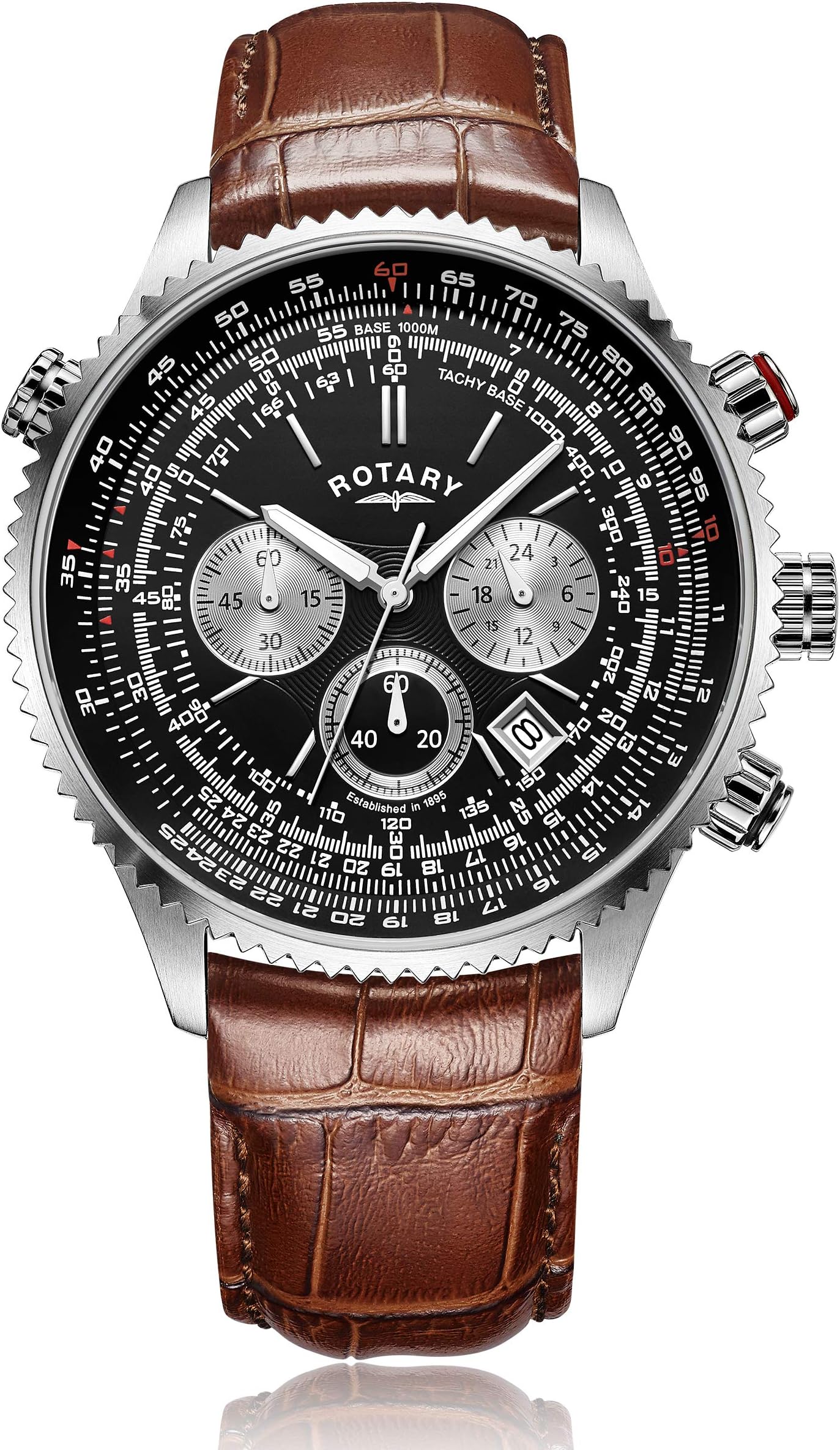 Rotary Men's Quartz Chronograph Watch with Black Dial Brown Leather Strap [Pilot Watch] GS00100/04/BRN