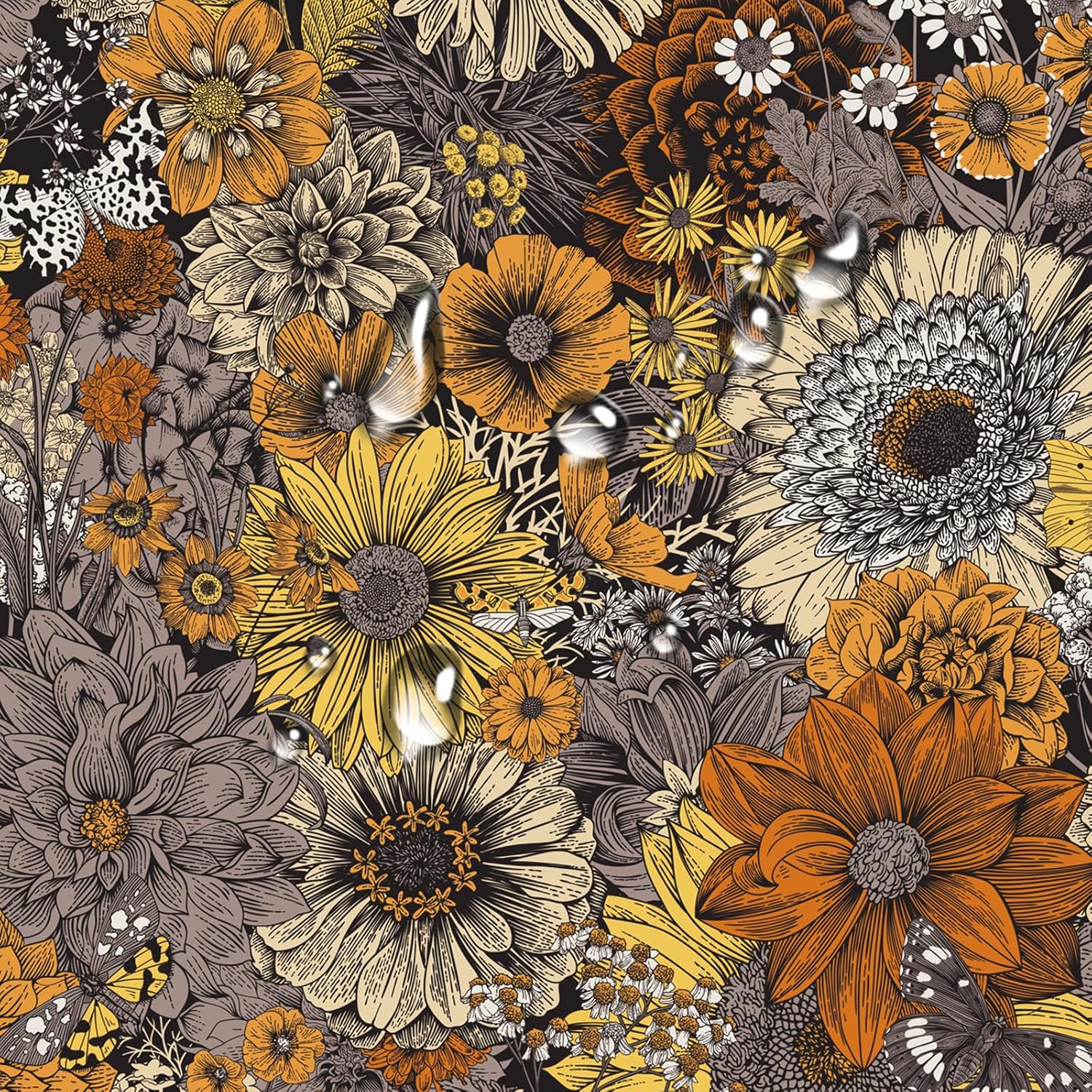 Vintage Floral Peel and Stick Wallpaper, Yellow and Orange Flowers, Self Adhesive Wallpaper for Bedroom Furniture Paper Removable Wall Decorations 17.3in x 118in, 14.5Square Ft/Roll