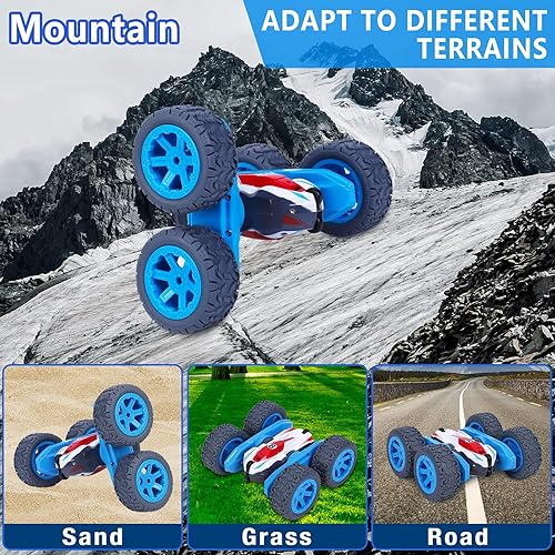 Miniatura 2 de GIMMYFIVE Paquete de 2 autos de acrobacias a control remoto de doble cara con 360 giros, faros LED