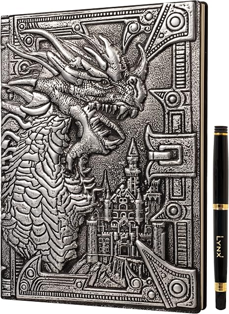 DND Notebook / Journal, Unique 200 Page Book with 3D Silver Dragon Embossed Faux Leather Cover with Pen- Ideal for Dungeons & Dragons / D&D. Great RPG Accessories Gift for DM's & Players, Men or Women